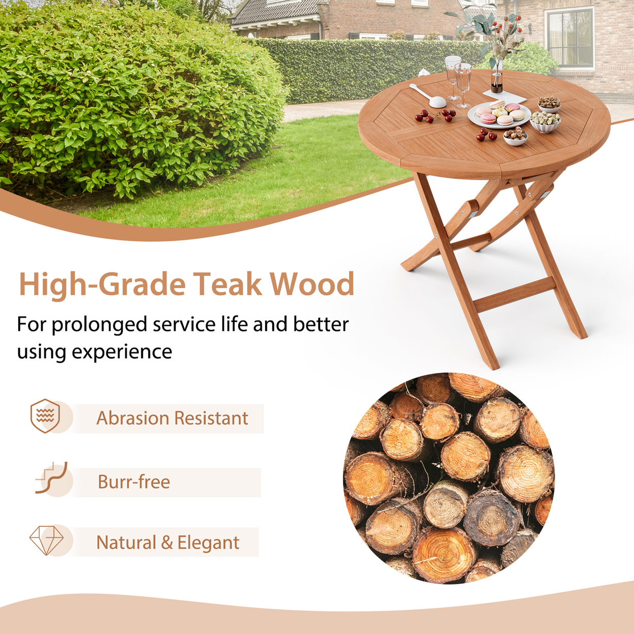 31.5-inch Round Outdoor Folding Table Patio Solid Teak Dining Table