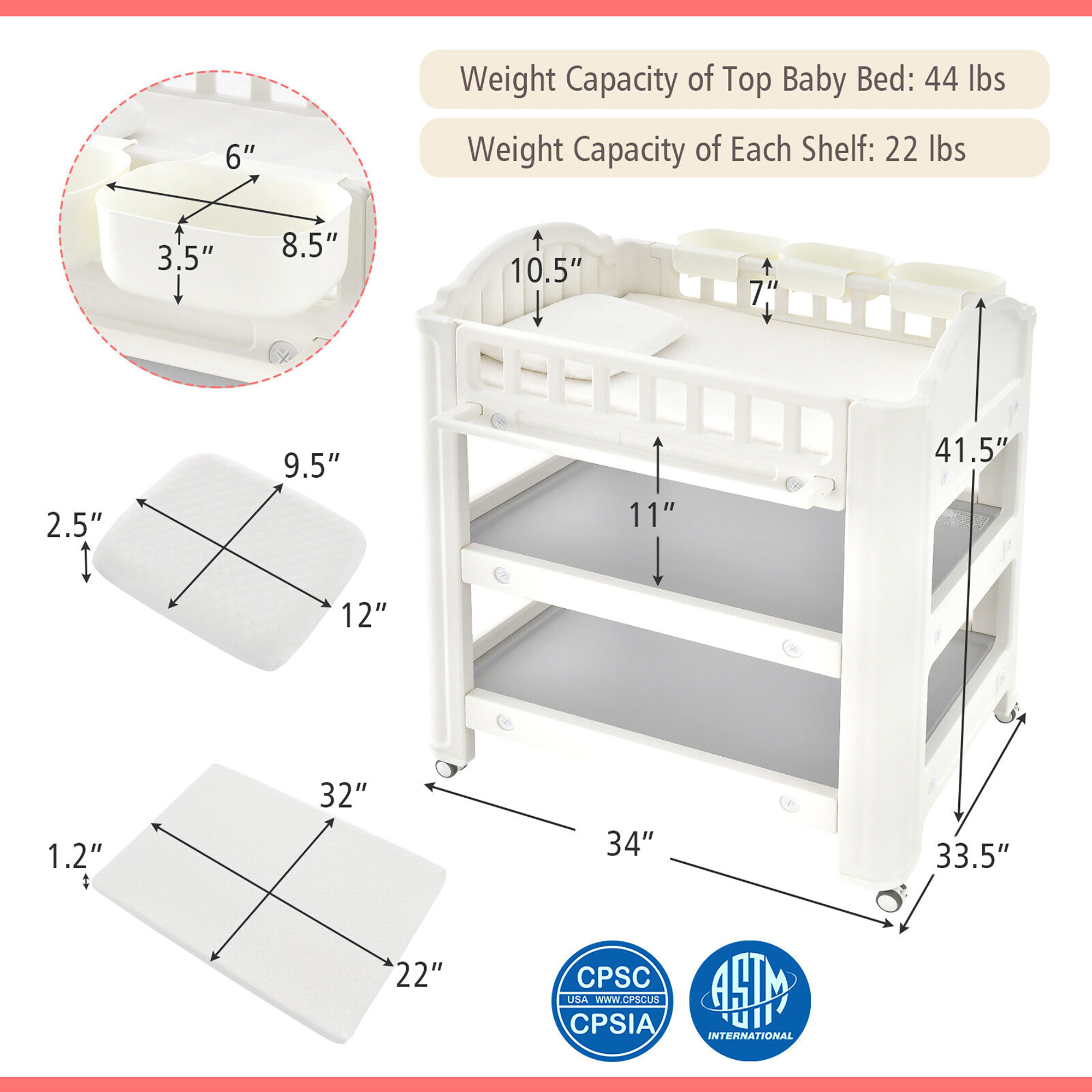 Baby Changing Table Infant Diaper Changing Station W/Changing Pad Wheels Beige