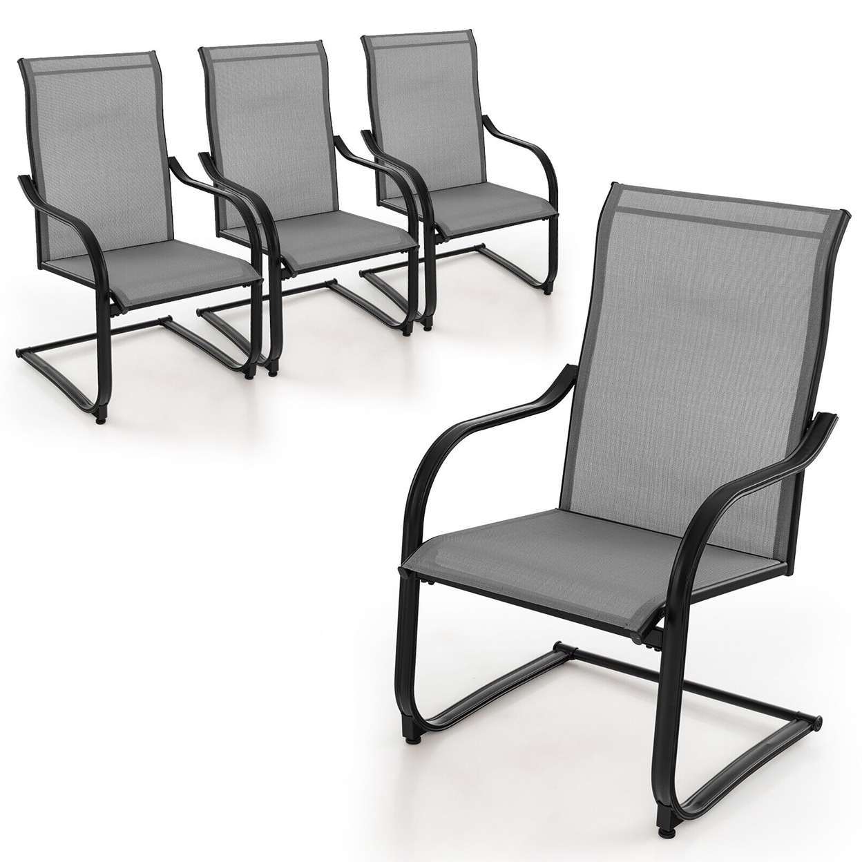 4PCS Outdoor Dining Chairs Patio C-Spring Motion W/ Cozy & Breathable Seat Fabric Gray