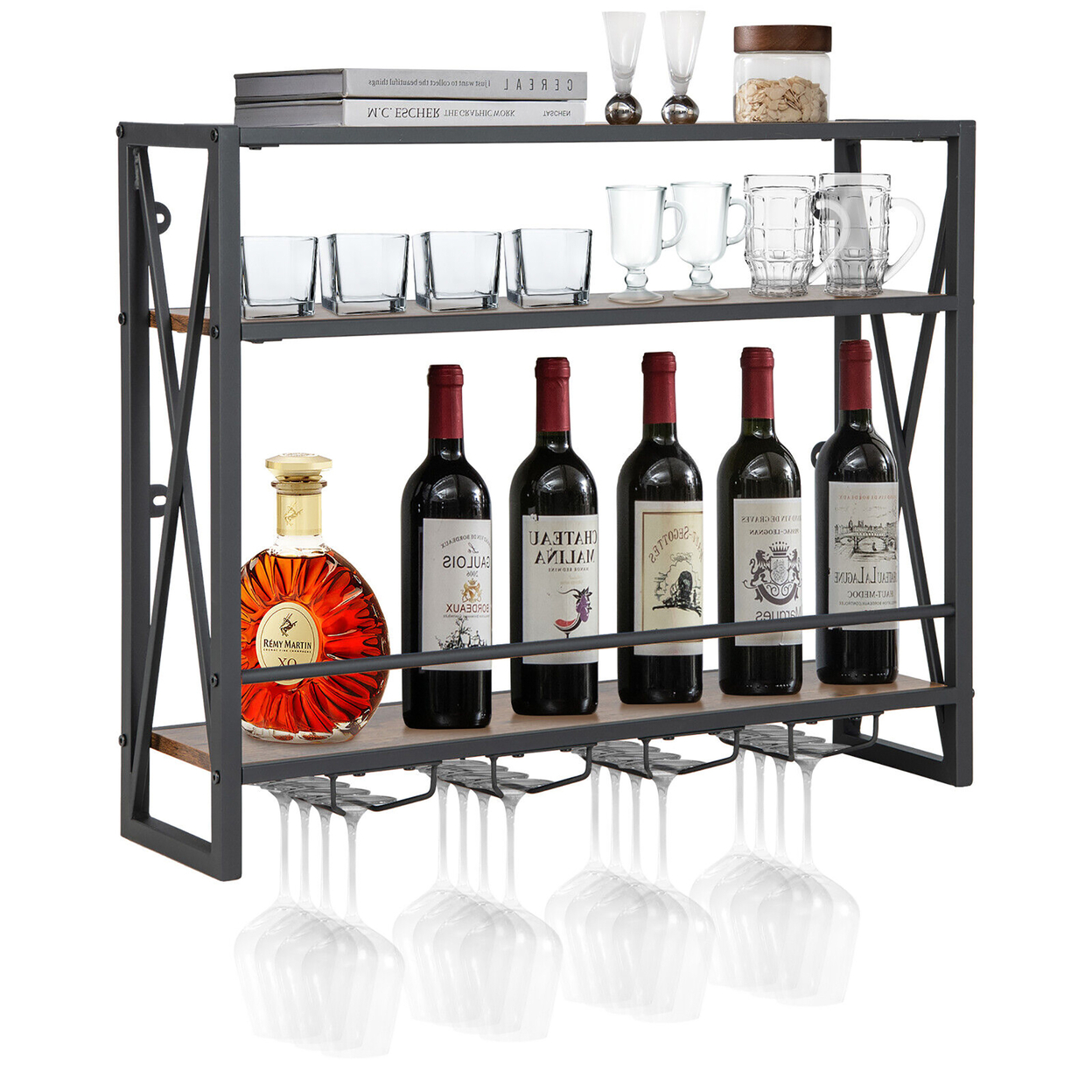 Wall Mounted Wine Rack Industrial 3-Tier Shelf With Glass Holders For Kitchen