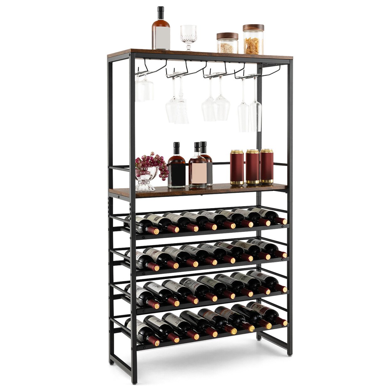 32 Bottles Wine Rack Rustic Wine Storage Holder Freestanding W/ Glass Holder