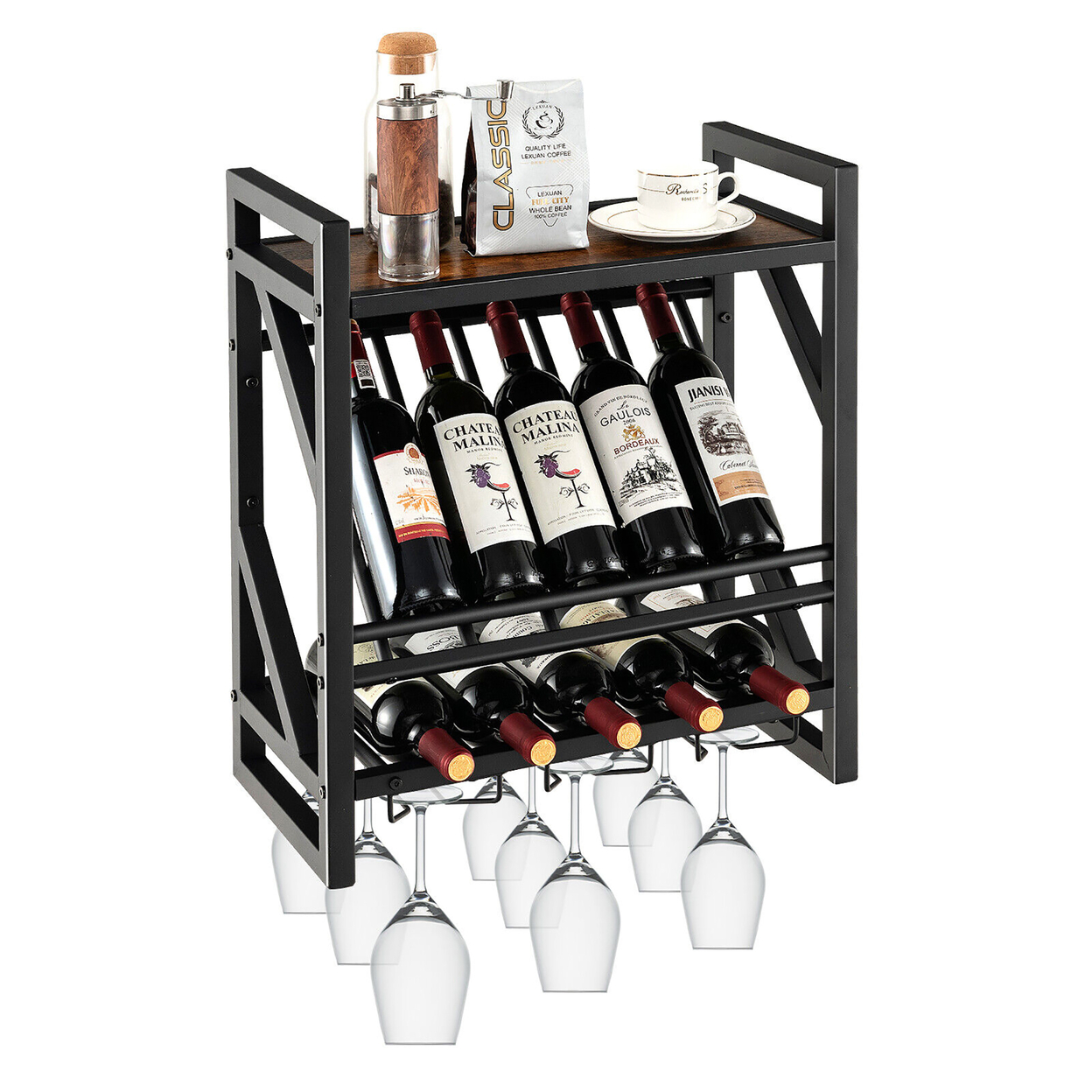Wall Mounted Rustic Wine Rack 10 Bottles Wine Display Holder W/ Glass Holder