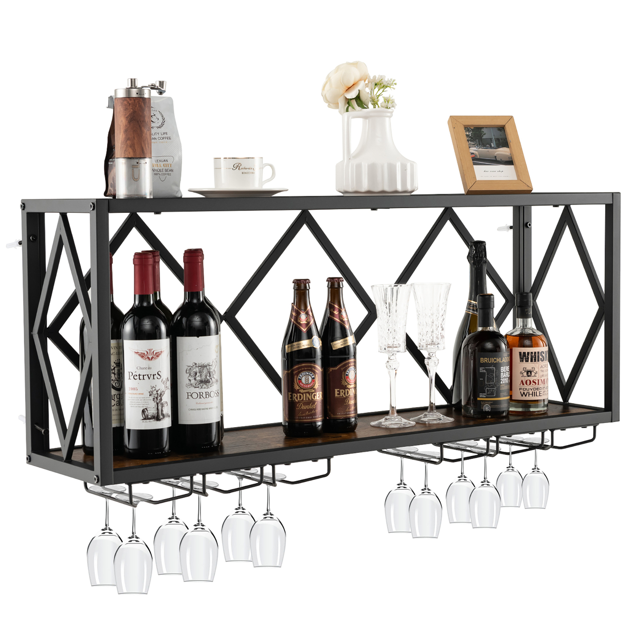 Wall Mounted Wine Rack Industrial Storage Display Shelf Glass Holder Kitchen