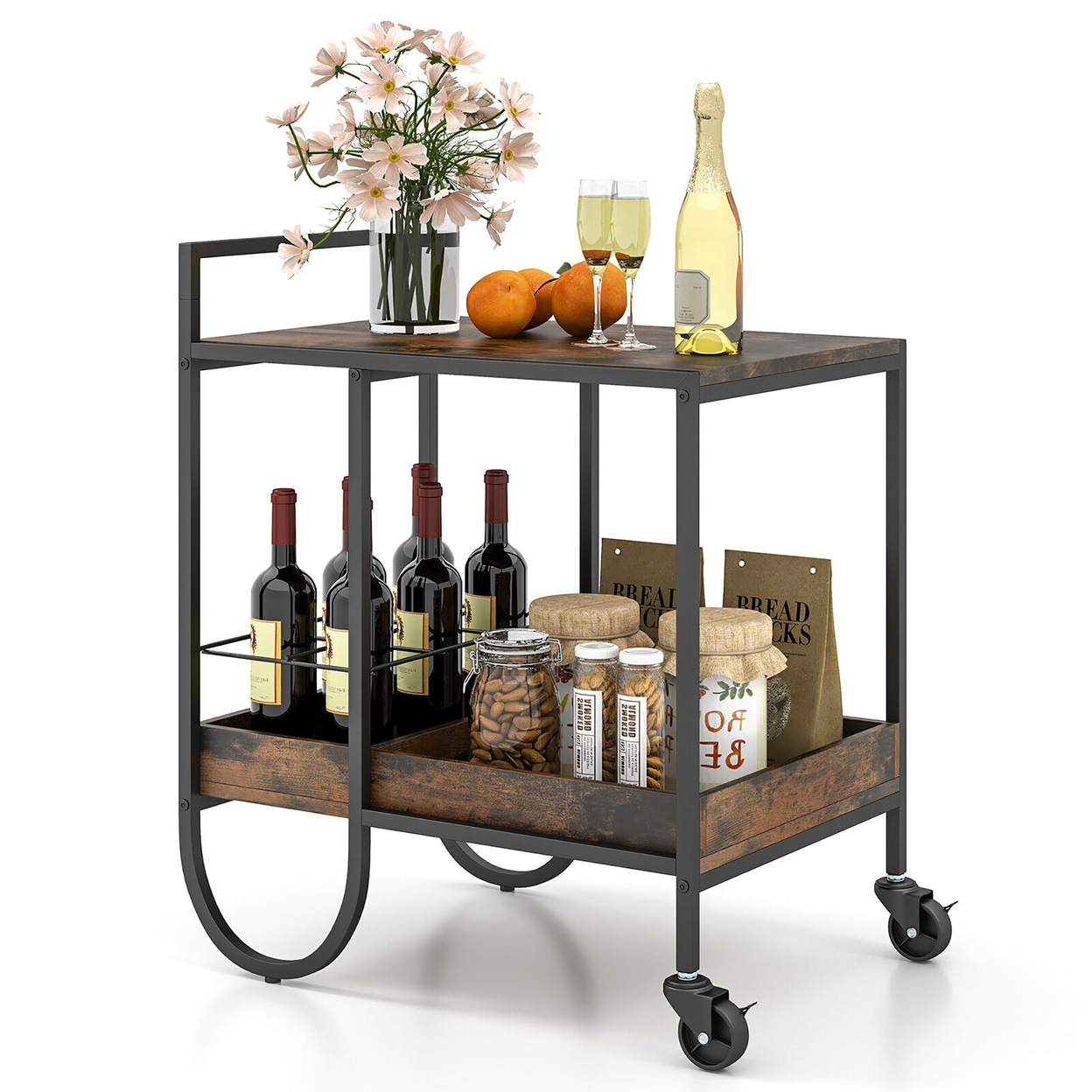Industrial Bar Cart Rolling Buffet Serving Cart W/ Removable Wine Rack Kitchen