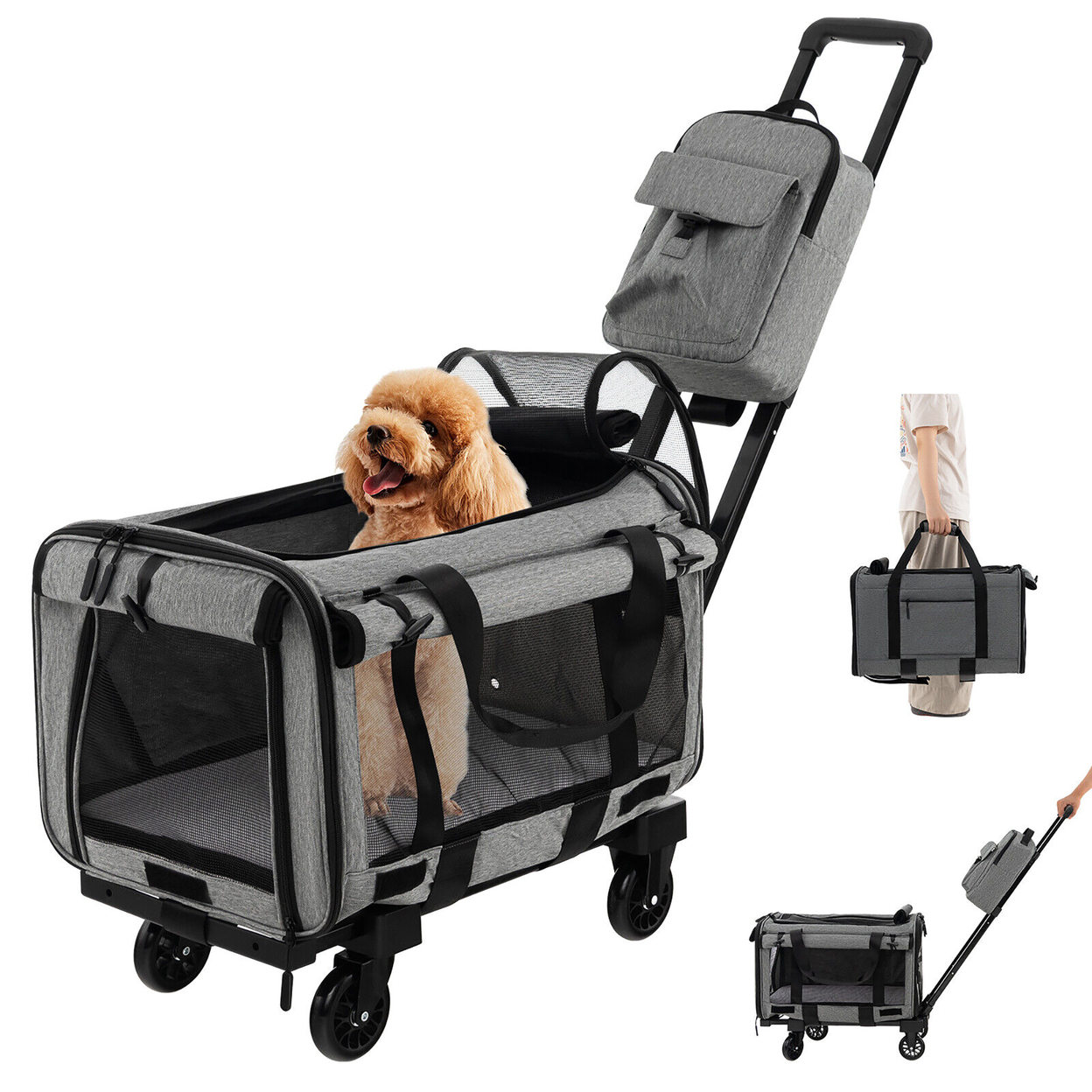 Cat Carrier With Wheels Large Rolling Cat Dog Carrier W/Telescopic Handle Grey