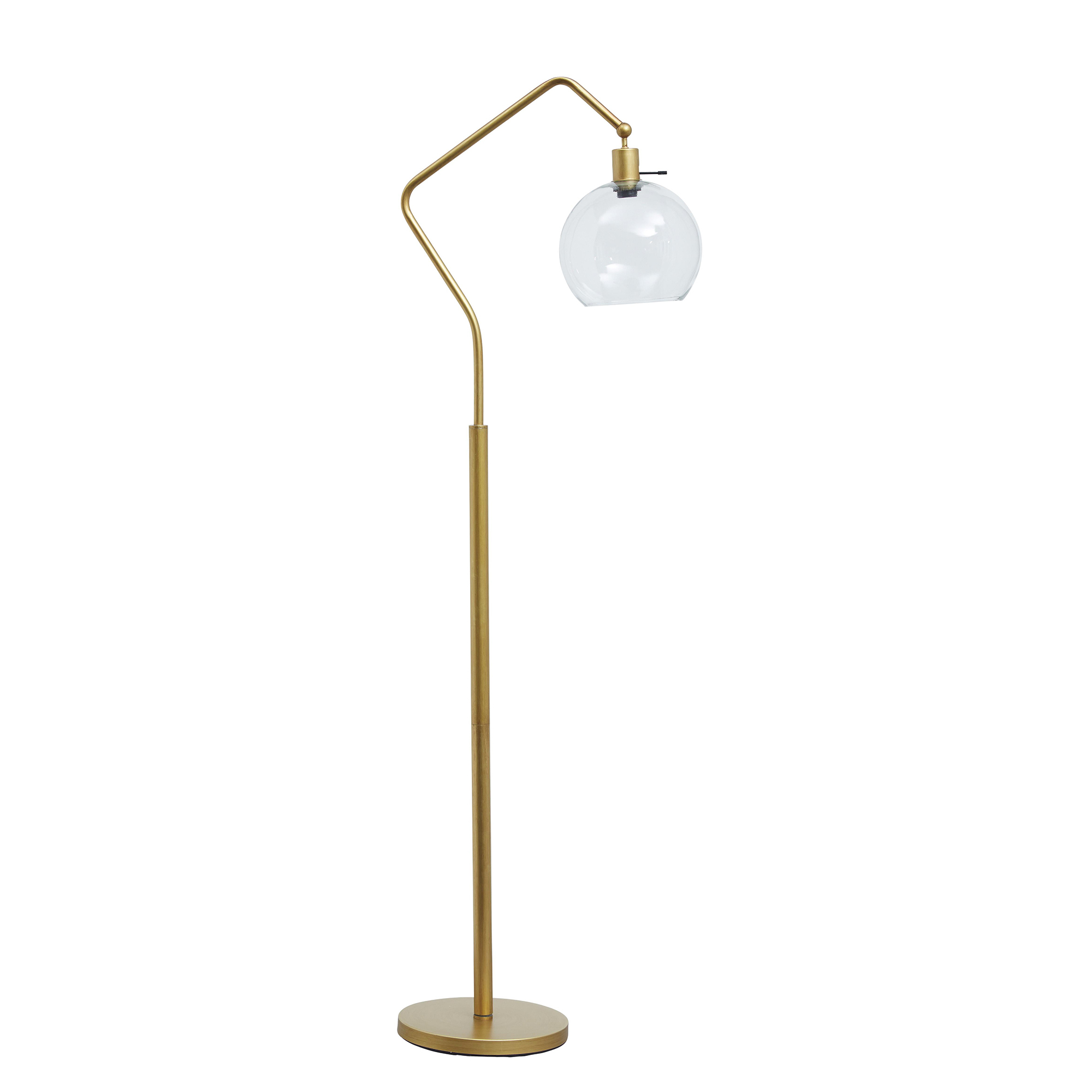 Glass Shade Tilted Metal Frame Floor Lamp, Antique Gold And Clear- Saltoro Sherpi
