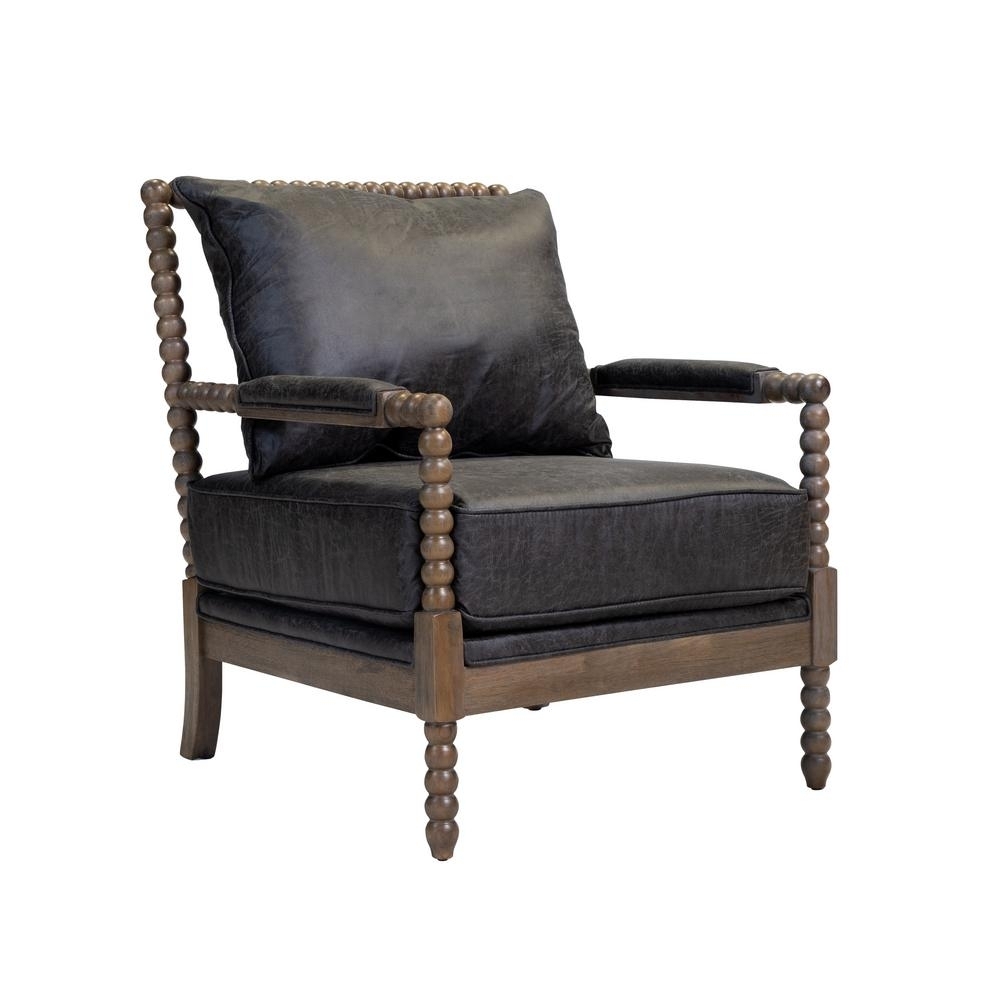 Leatherette Wooden Accent Chair With Beaded Frame, Gray And Brown- Saltoro Sherpi