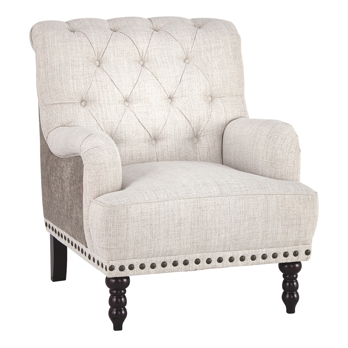 Wooden Accent Chair With Fabric And Faux Leather Upholstery,Gray And Cream- Saltoro Sherpi