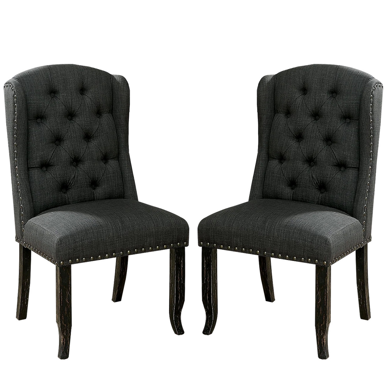 Bega 23 Inch Dining Chair, Set Of 2, Wingback, Button Tufted, Black, Gray- Saltoro Sherpi