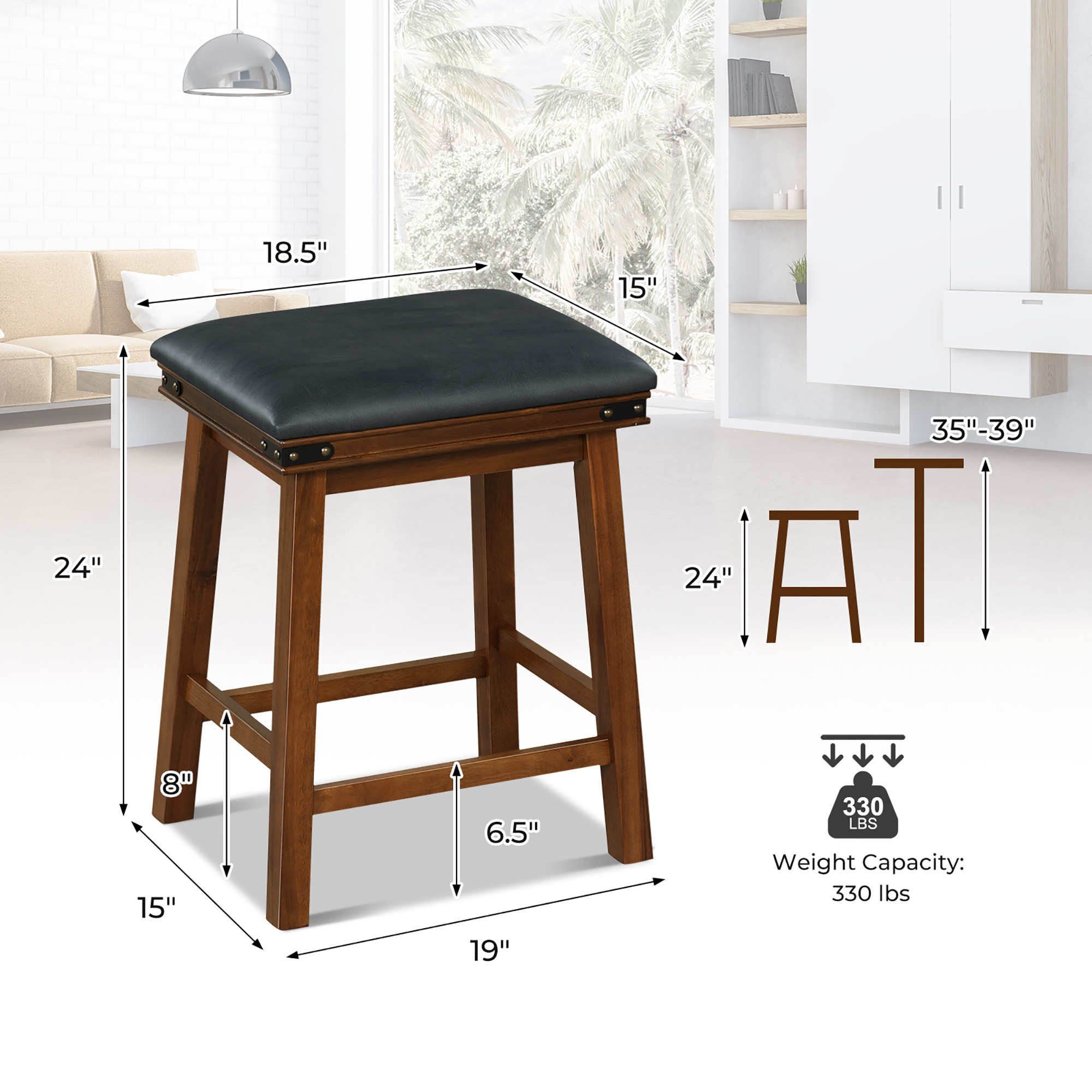 Set Of 4 PU Leather Bar Stools 24'' Counter Height Dining Stools W/ Upholstered Seat