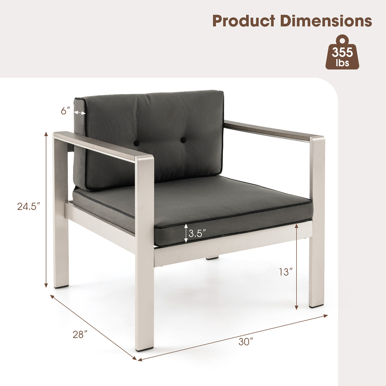 Patio Aluminum Armchair Contemporary Sofa Chair W/ WPC Armrests