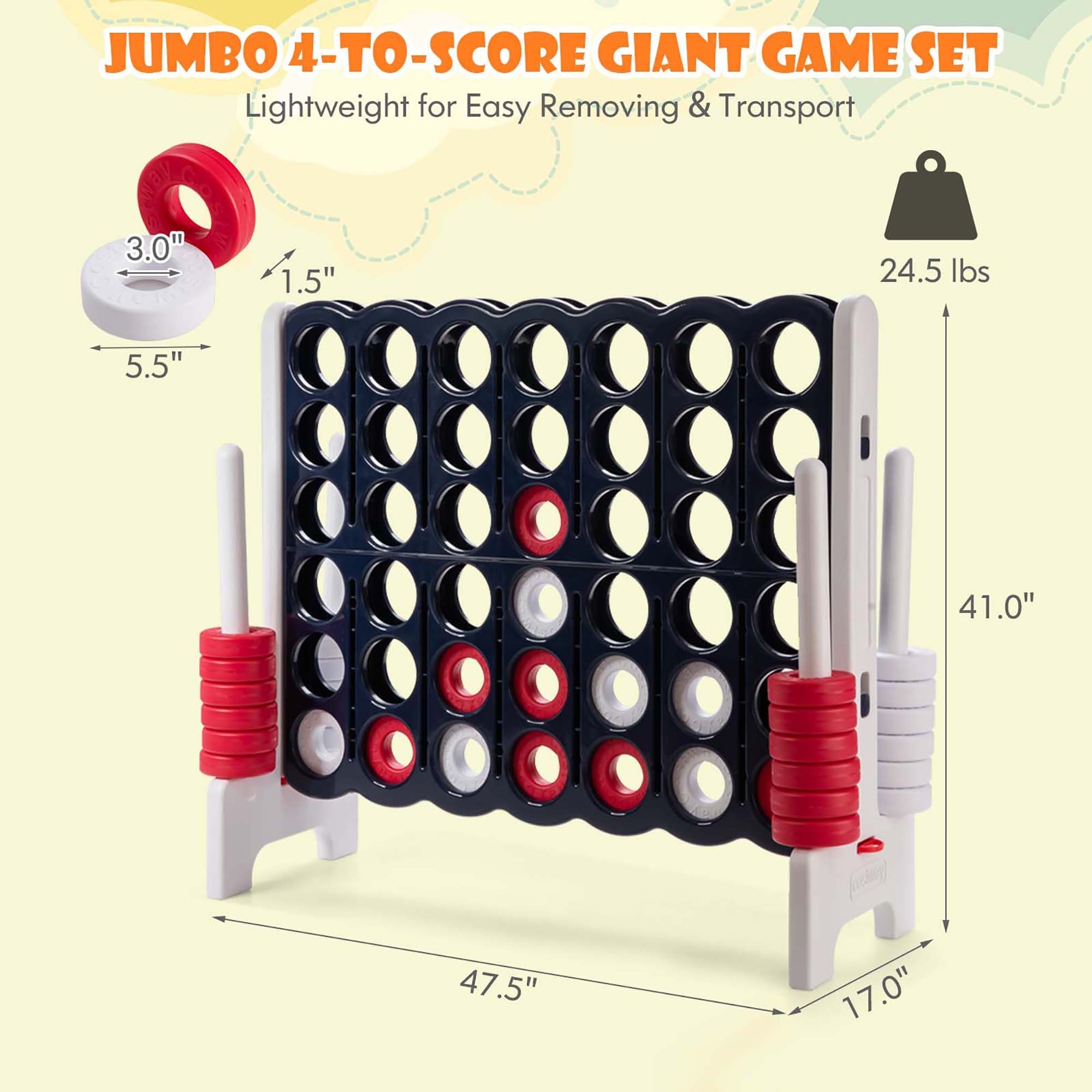 Giant 4 In A Row Jumbo 4-to-Score Game Set Kids Adults W/ 42 Jumbo Rings