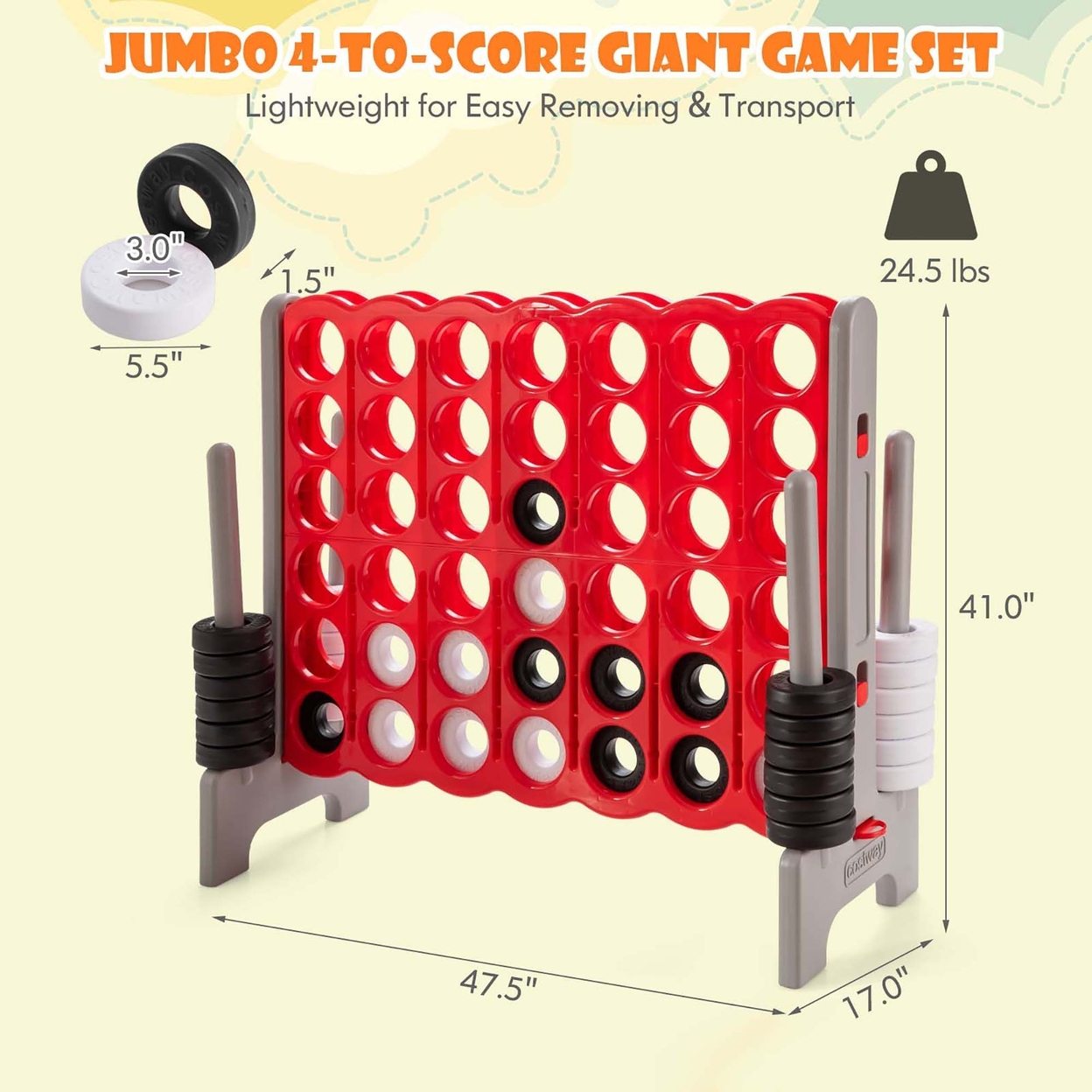 Jumbo 4-to-Score Game Set Giant 4 In A Row Kids Adults W/ 42 Jumbo Rings Red