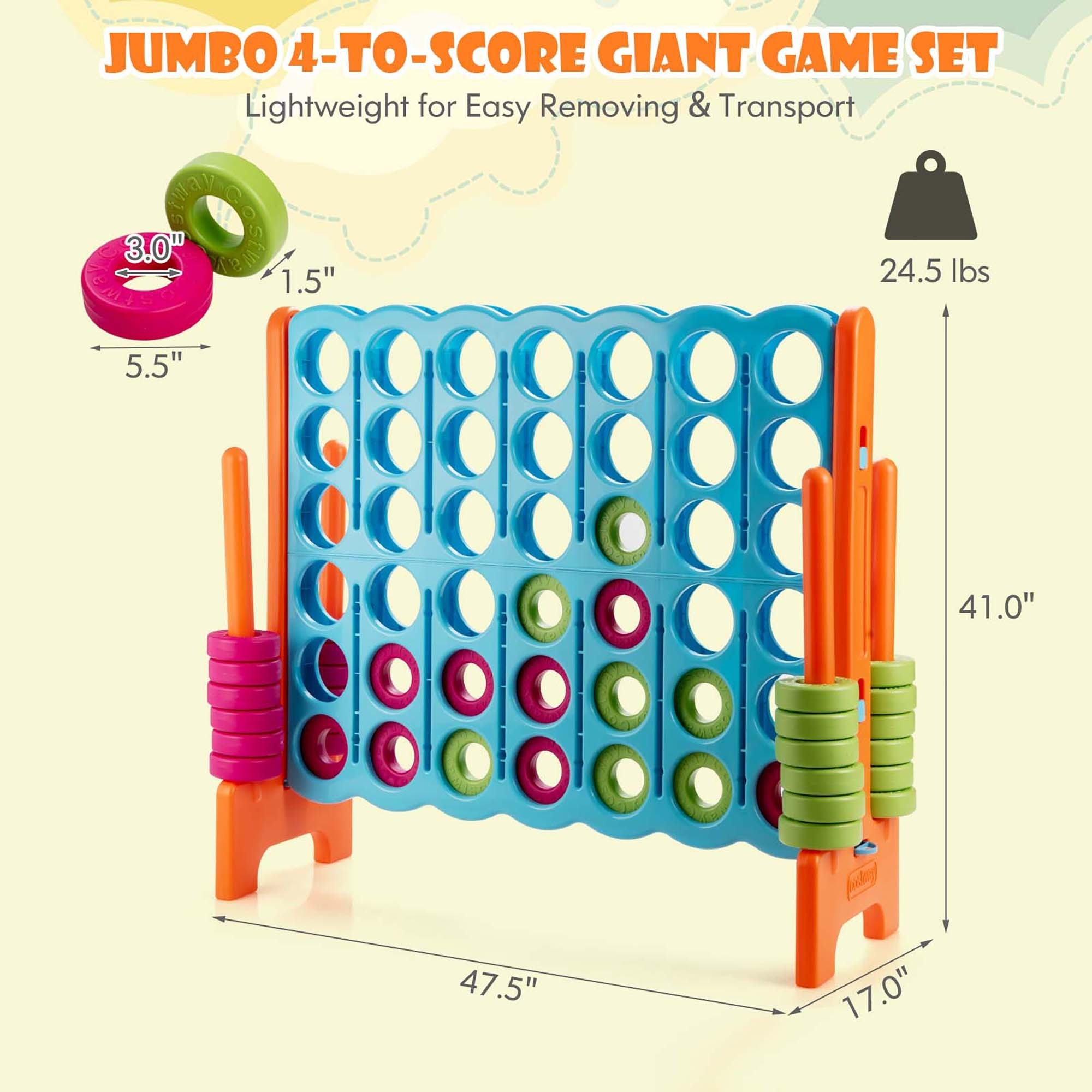 Jumbo 4-to-Score Game Set Giant 4 In A Row Kids Adults W/ 42 Jumbo Rings Blue