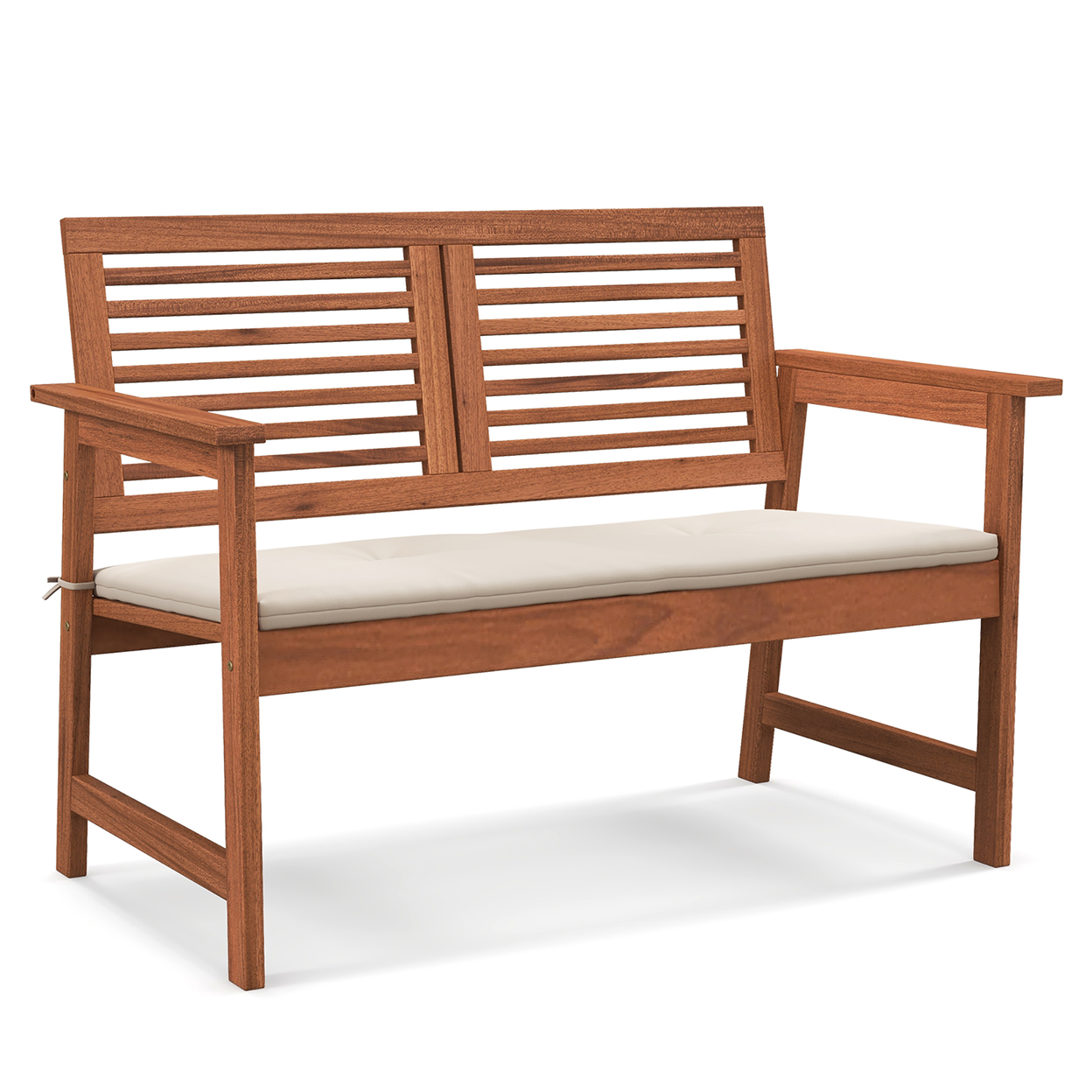 Outdoor Bench With Cushion 2-Person Patio Bench W/Slatted Back & Seat Garden Backyard Balcony