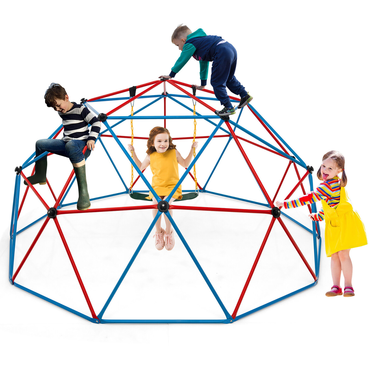 10 FT Climbing Dome With Swing Outdoor Kids Play Jungle Gym Red And Blue