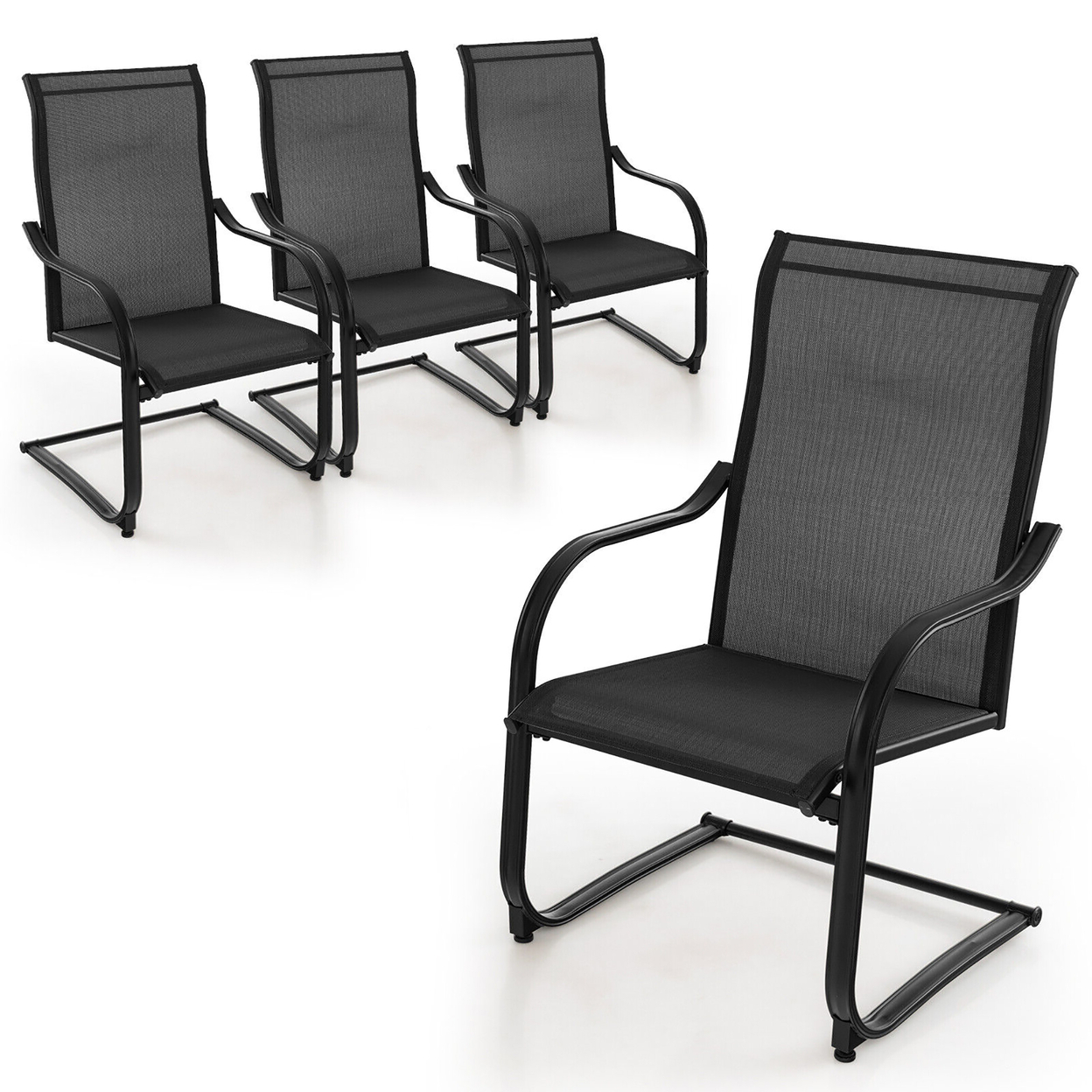 4PCS Outdoor Dining Chairs Patio C-Spring Motion W/ Cozy & Breathable Seat Fabric Black