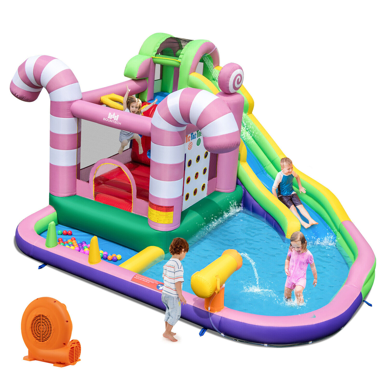 9-in-1 Inflatable Bounce House Sweet Candy Water Slide Park Pool W/ 750W Blower