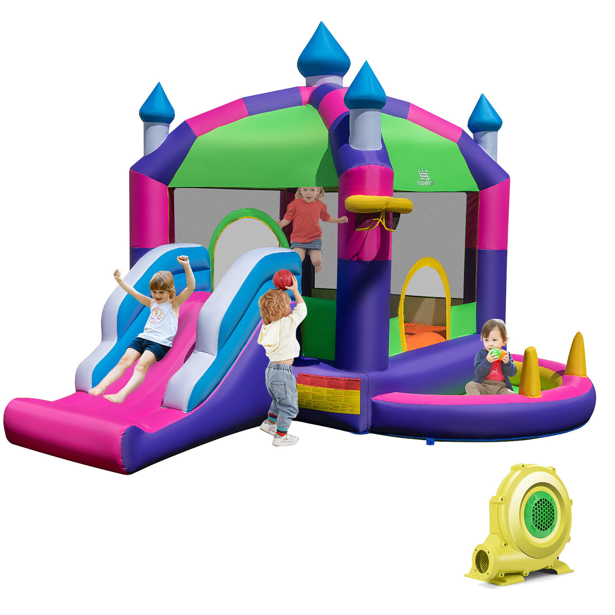 Inflatable Bounce Castle W/ Sun Roof 5-in-1 Jumping Bounce Castle W/ 735W Blower