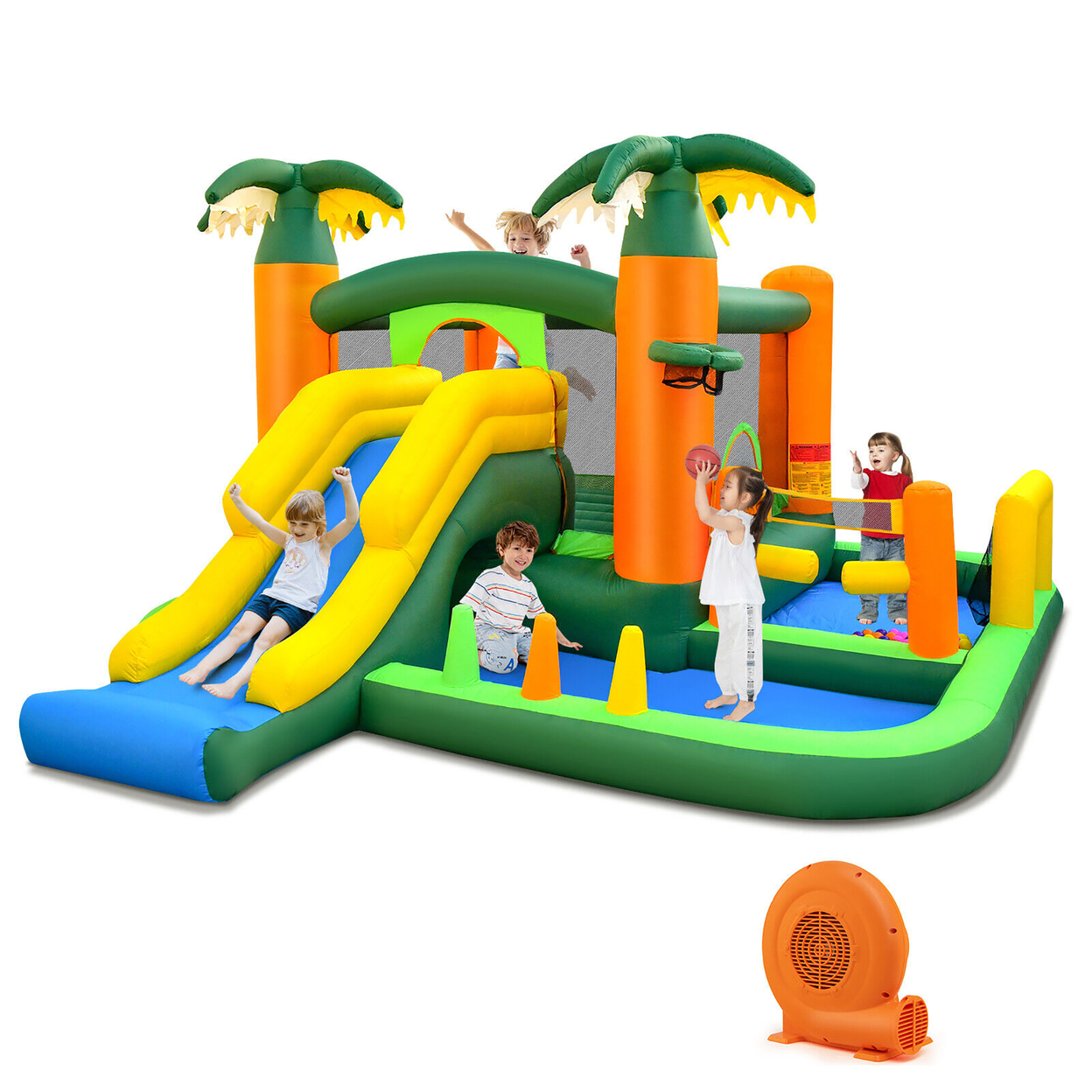 Tropical Inflatable Bounce Castle, 8-in-1 Giant Jumping House W/ 750W Blower
