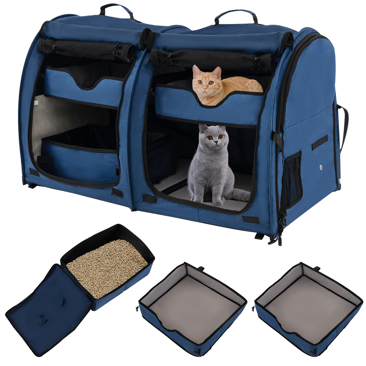 Portable Pet Carrier Kennel Cat Dog Crate Twin Compartments W/ Mats Litter Box Navy Blue