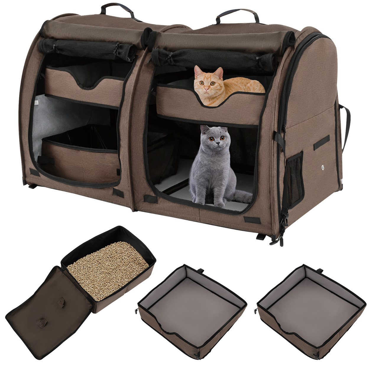 Portable Pet Carrier Kennel Cat Dog Crate Twin Compartments W/ Mats Litter Box Brown