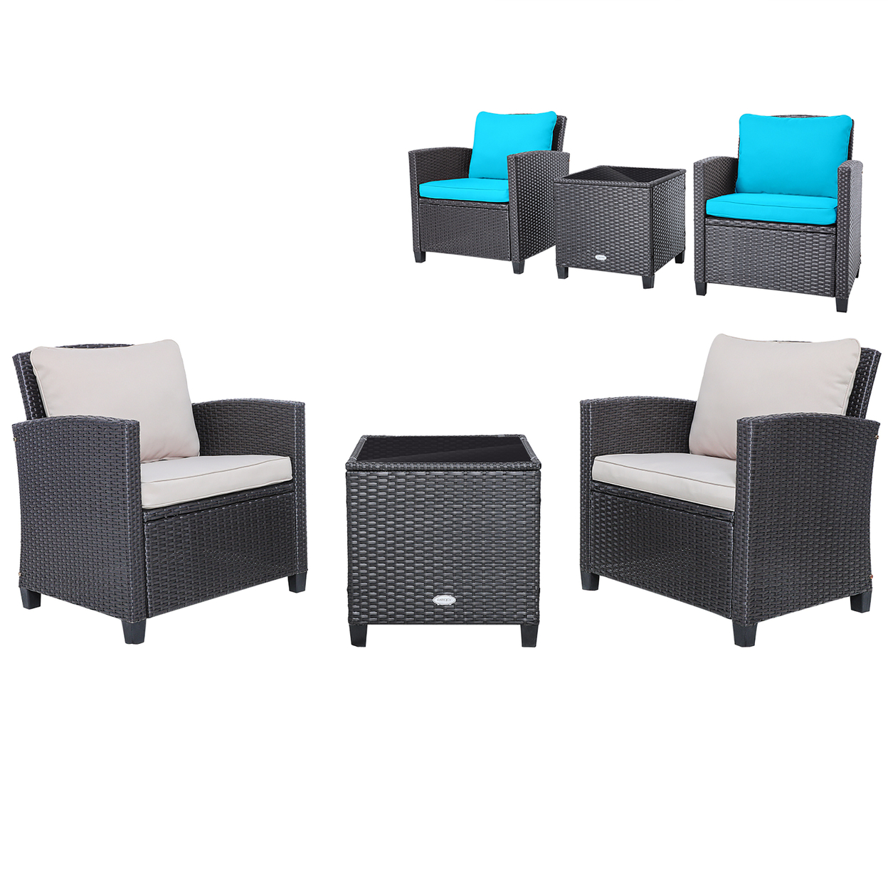 3PCS Outdoor Patio Rattan Conversation Set W/ Beige & Turquoise Cushion