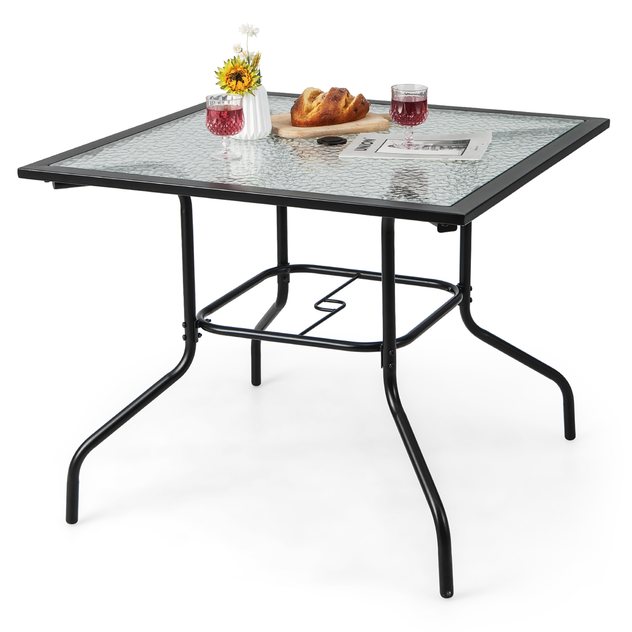 35'' Patio Dining Table Square Outdoor Dining Table W/ Tempered Glass Tabletop Black