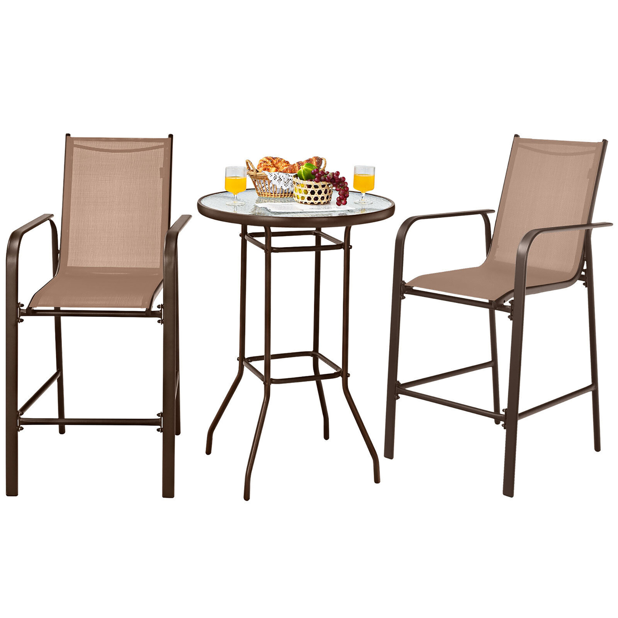 3PCS Patio Bar Set Outdoor Bistro Set W/ 2 Stools & 1 Tempered Glass Table Brown