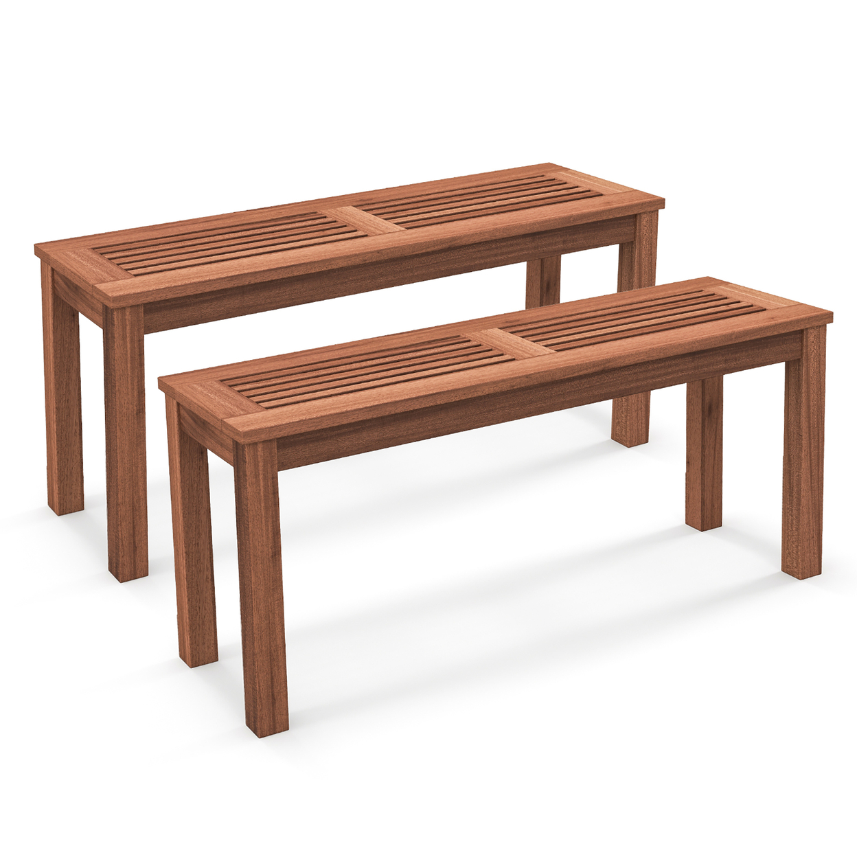 2 Pieces 2-Person Outdoor Bench Patio Bench W/ Slatted Seat Weather Resistant Solid Wood Frame
