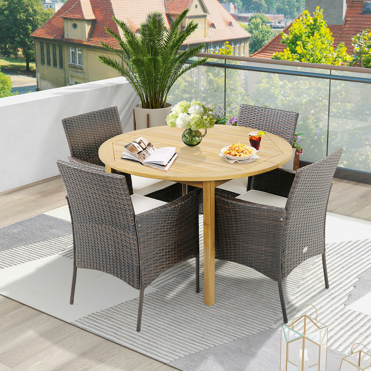 Patio Dining Chairs Set Of 4 Outdoor PE Wicker Chairs W/ Removable Cushions Brown & Off White