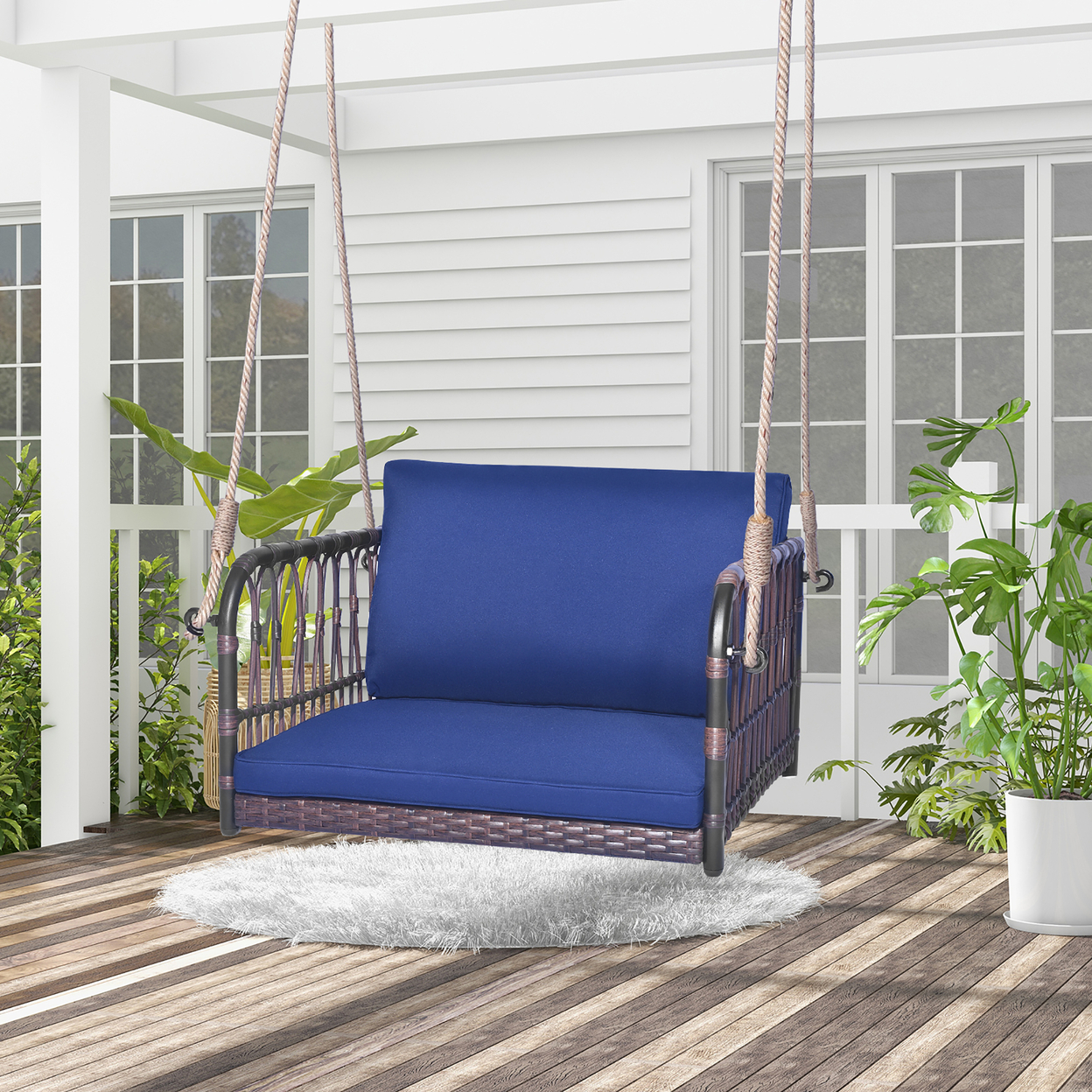 Patio Rattan Porch Swing Single Person Hanging Seat W/ Seat & Back Cushions Backyard