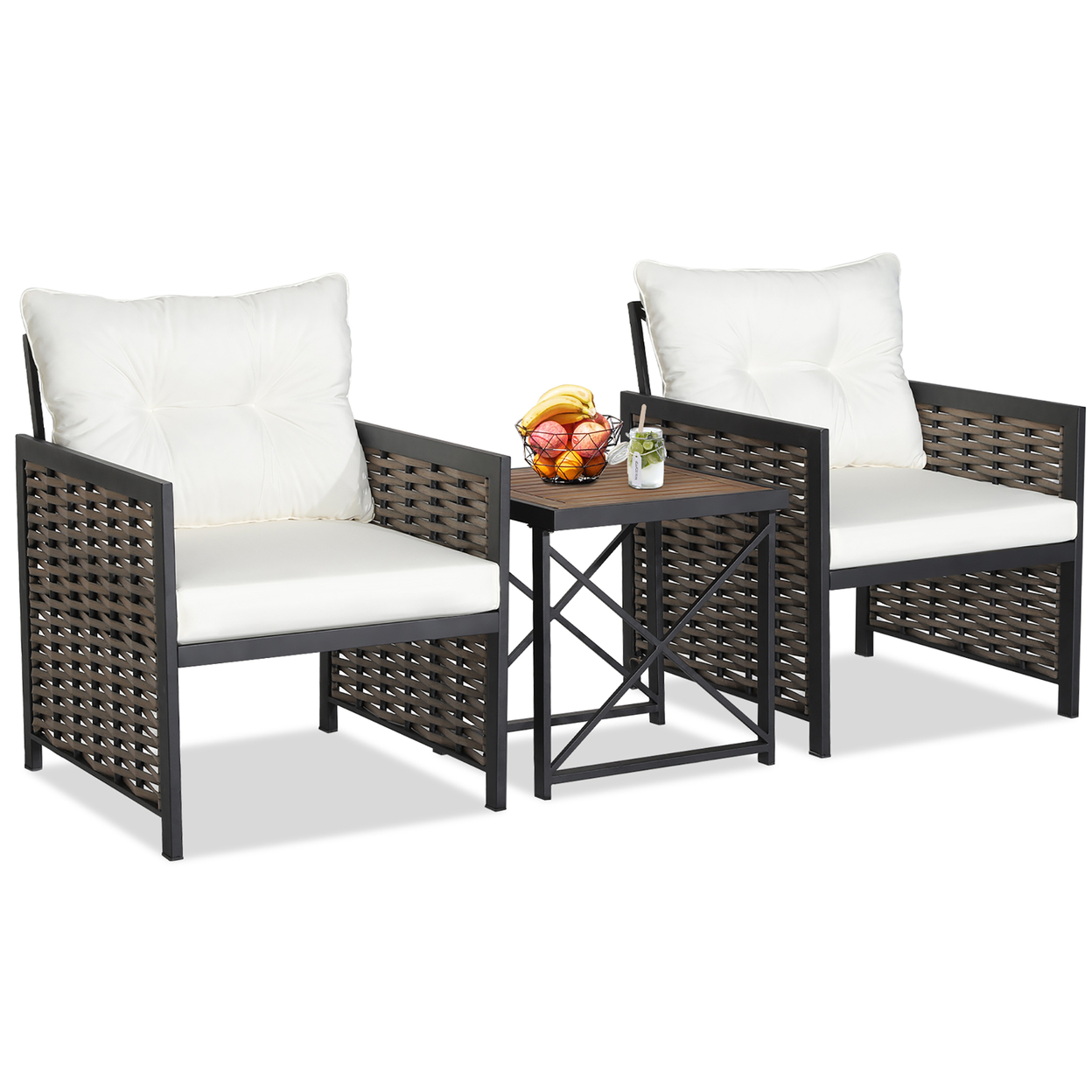 Outdoor 3 Pieces Patio Rattan Chair & Coffee Table Set Furniture Set Backyard Poolside