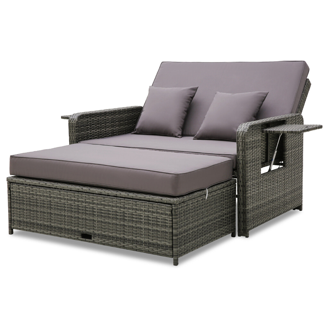 Patio Daybed Set Rattan Loveseat Sofa Set W/ Adjustable Backrest Gray Cushions