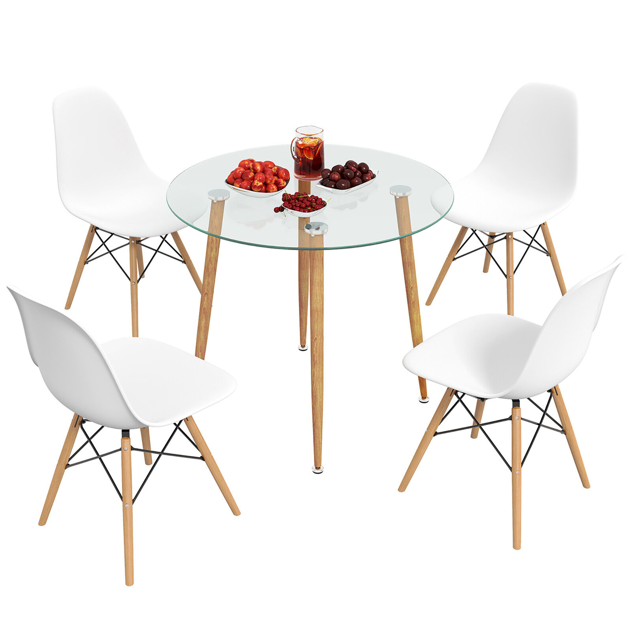 5 PCS Dining Table Set Tempered Glass Table 4 Chairs W/ Beech Wood Leg Kitchen