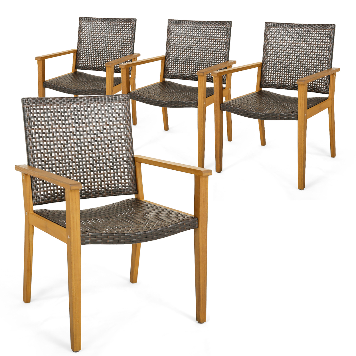 Outdoor Rattan Chair Set Of 4 Patio PE Wicker Dining Chairs W/ Sturdy Acacia Wood Frame