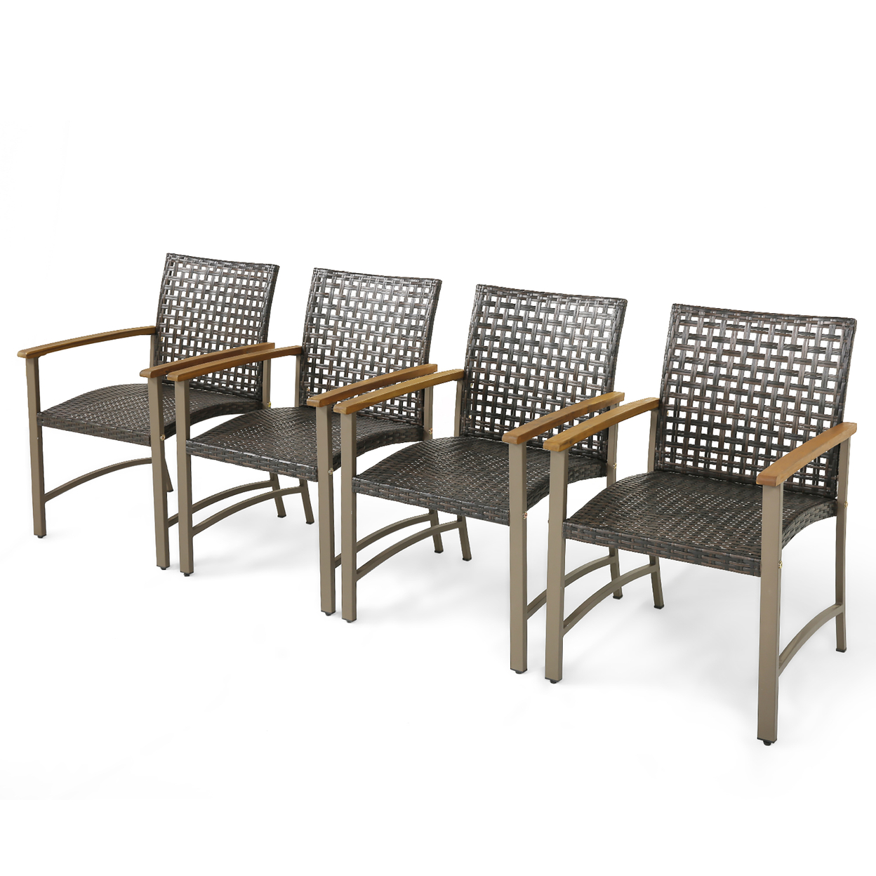 Outdoor Rattan Chair Set Of 4 Patio PE Wicker Dining Chairs W/ Acacia Wood Armrests Balcony Poolside