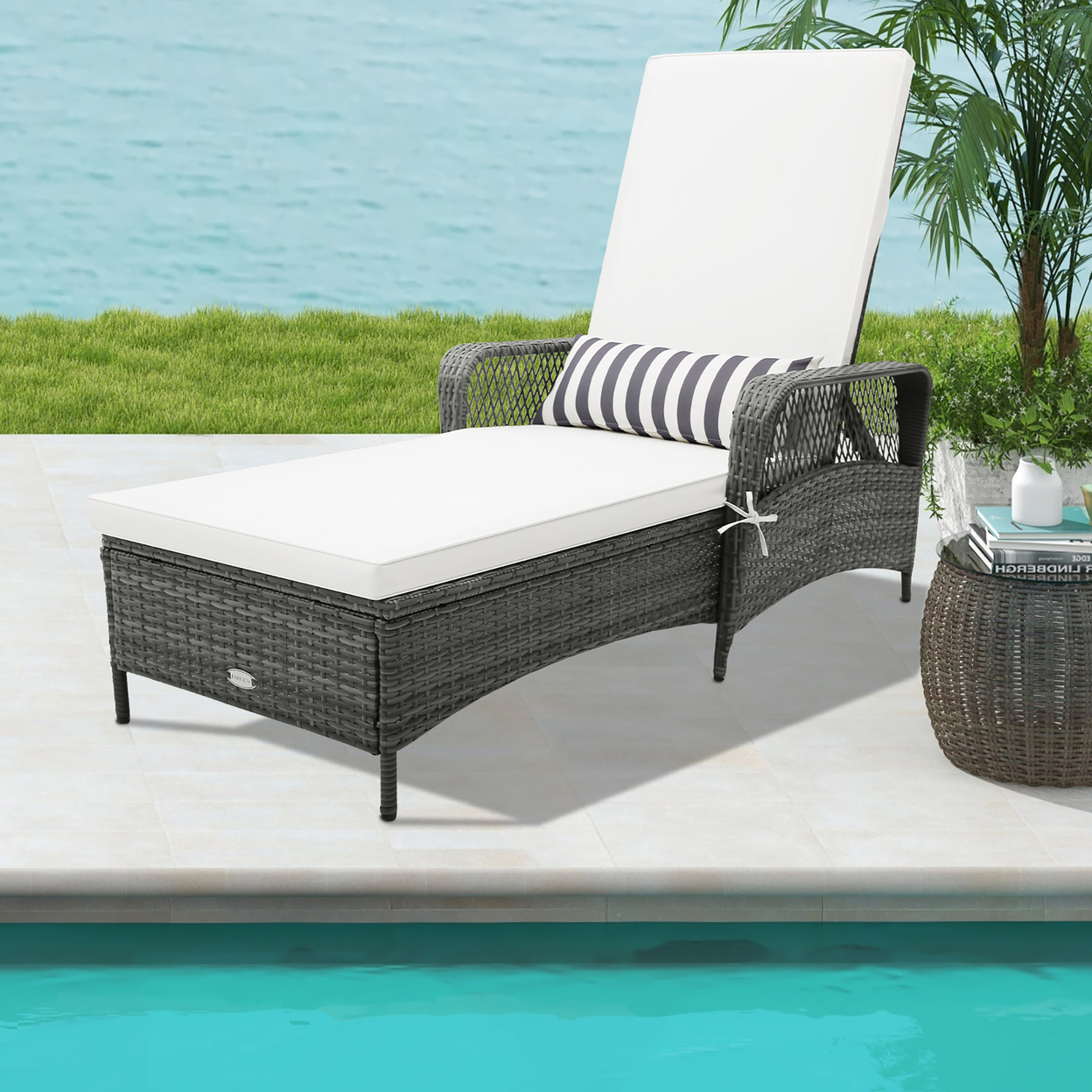 Patio Rattan Chaise Lounge Outdoor PE Wicker Sun Lounger W/ Adjustable Backrest Mix Gray
