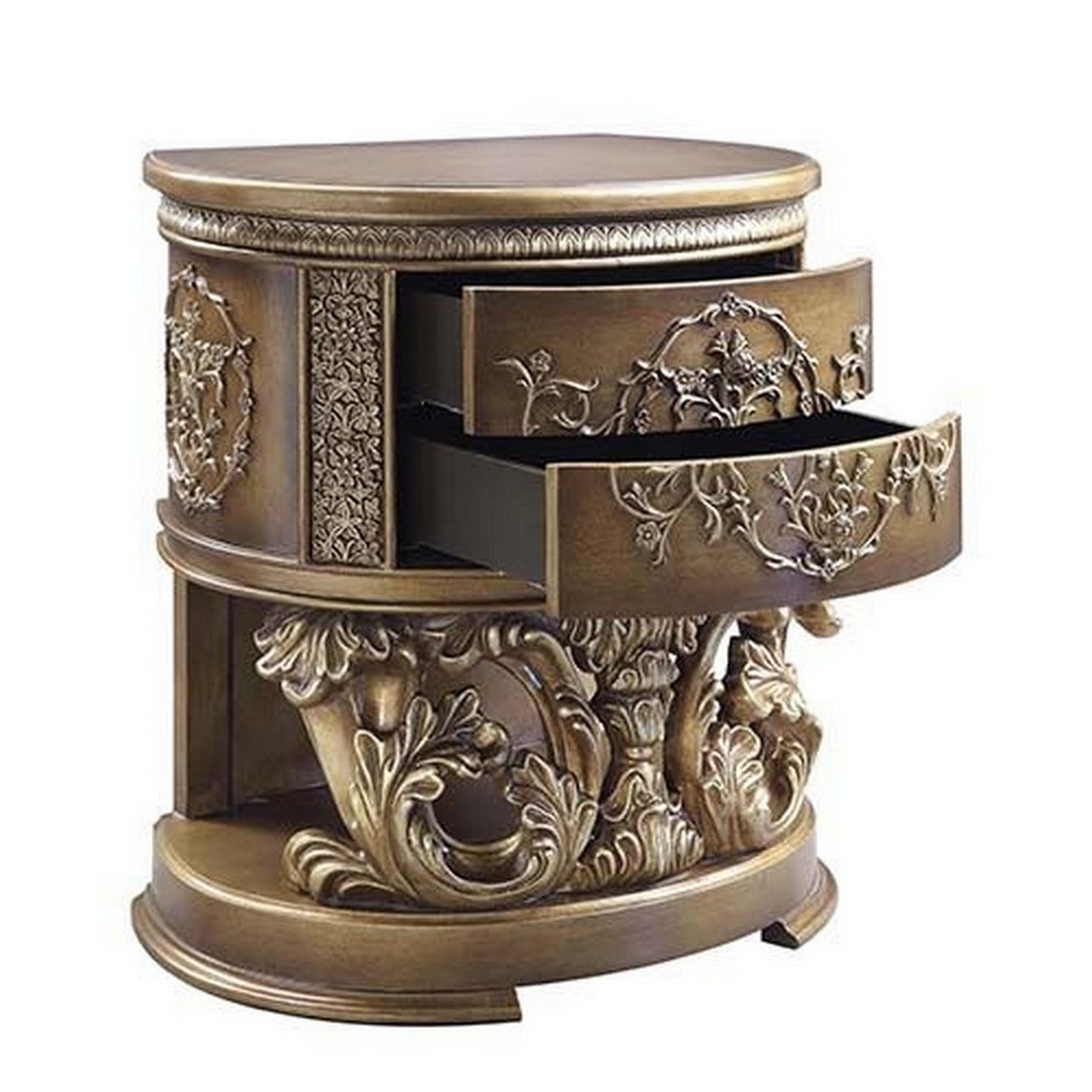 Nightstand With Scrolled Carvings And Half Moon Shape, Antique Gold- Saltoro Sherpi