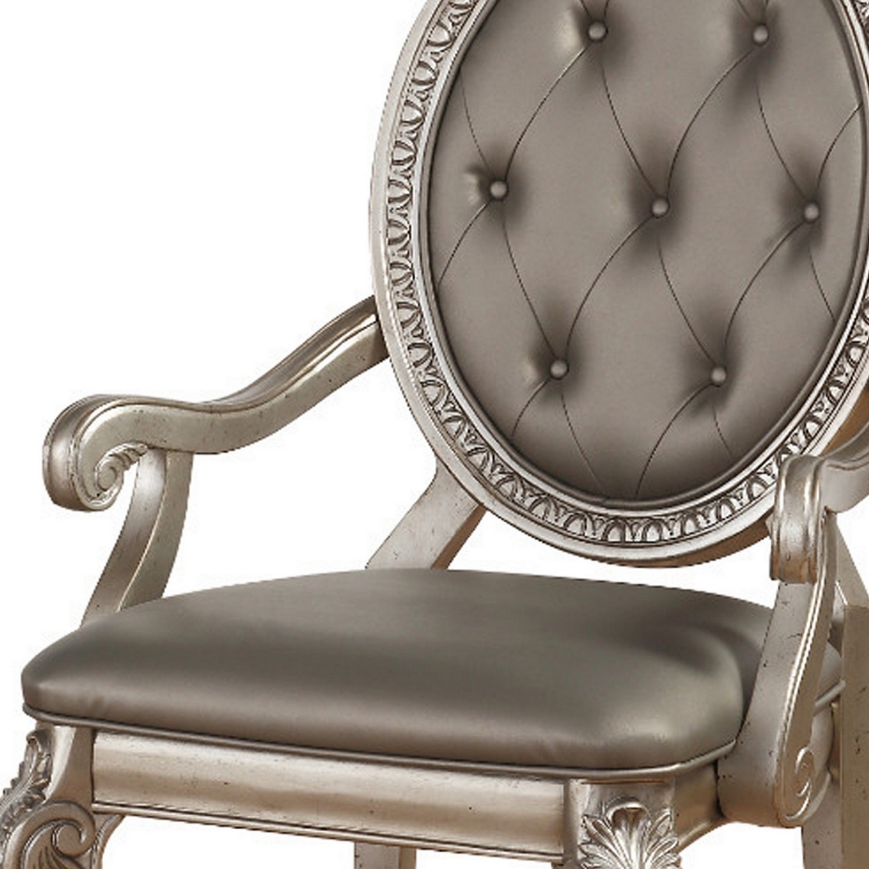 Faux Leather Upholstered Wooden Arm Chair With Carved Details, Gray And Gold, Set Of Two- Saltoro Sherpi