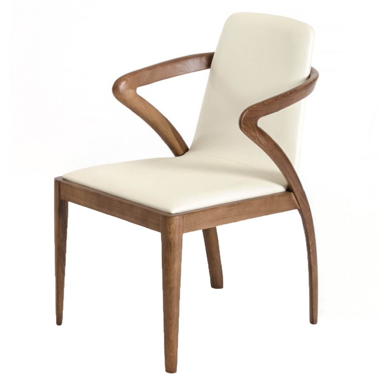Leatherette Dining Chair With Curved Legs And Armrest, Cream And Brown- Saltoro Sherpi