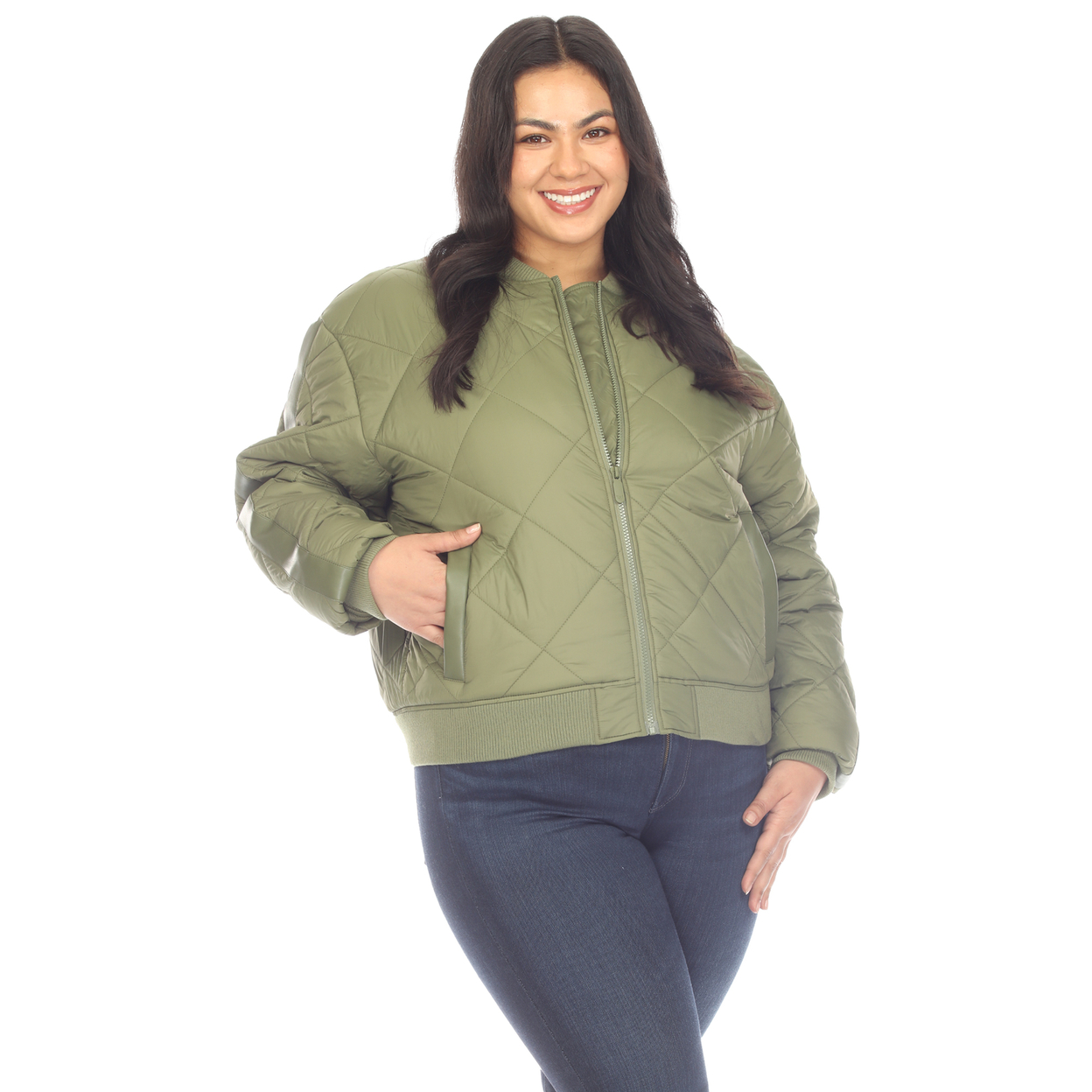 White Mark Women's Quilted Puffer Bomber Jacket - Olive, 1x
