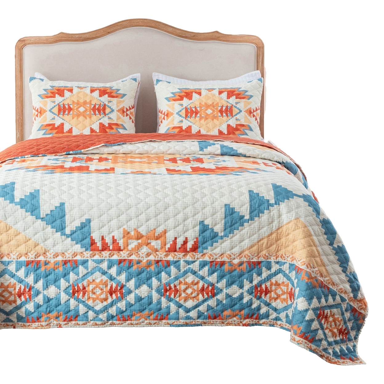 2pc Twin Quilt And Pillow Sham Set, Geometric Motifs, Multicolor Microfiber-Saltoro Sherpi