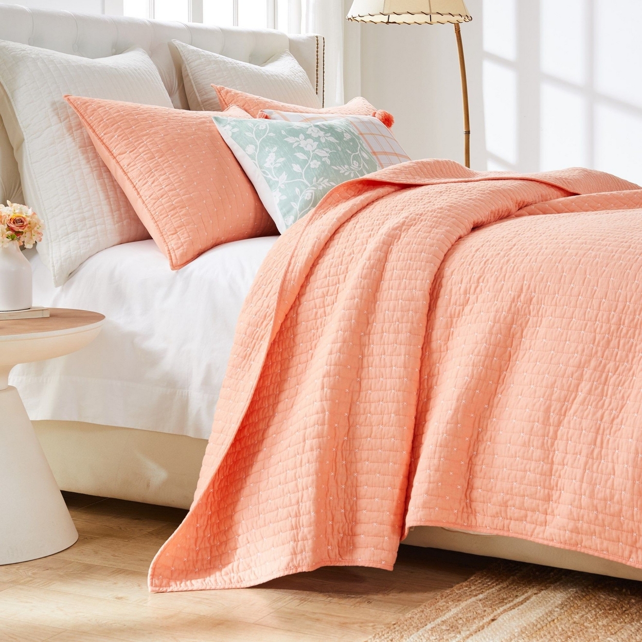 Xumi 2pc Twin Quilt And Pillow Sham Set, Channel Stitch Orange Coral Cotton-Saltoro Sherpi