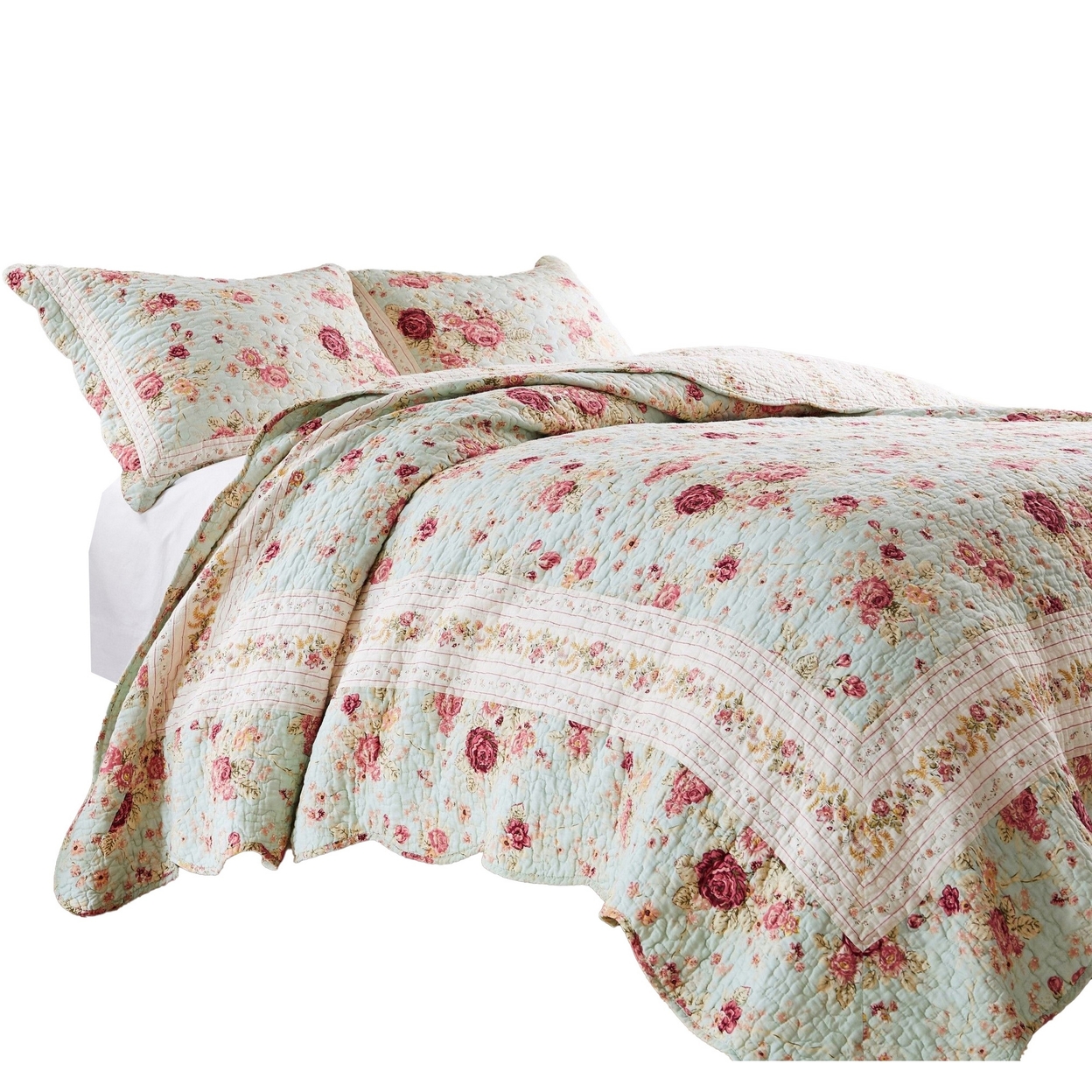 Rosle 2pc Twin Quilt And Pillow Sham Set, Scallop Edges, Floral Blue Cotton-Saltoro Sherpi