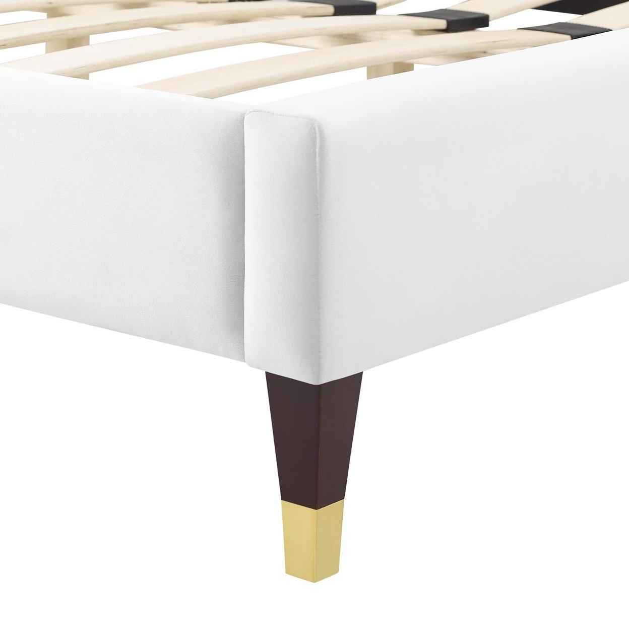 Full Platform Bed, Classic White Velvet, Pleated Design Panel Headboard