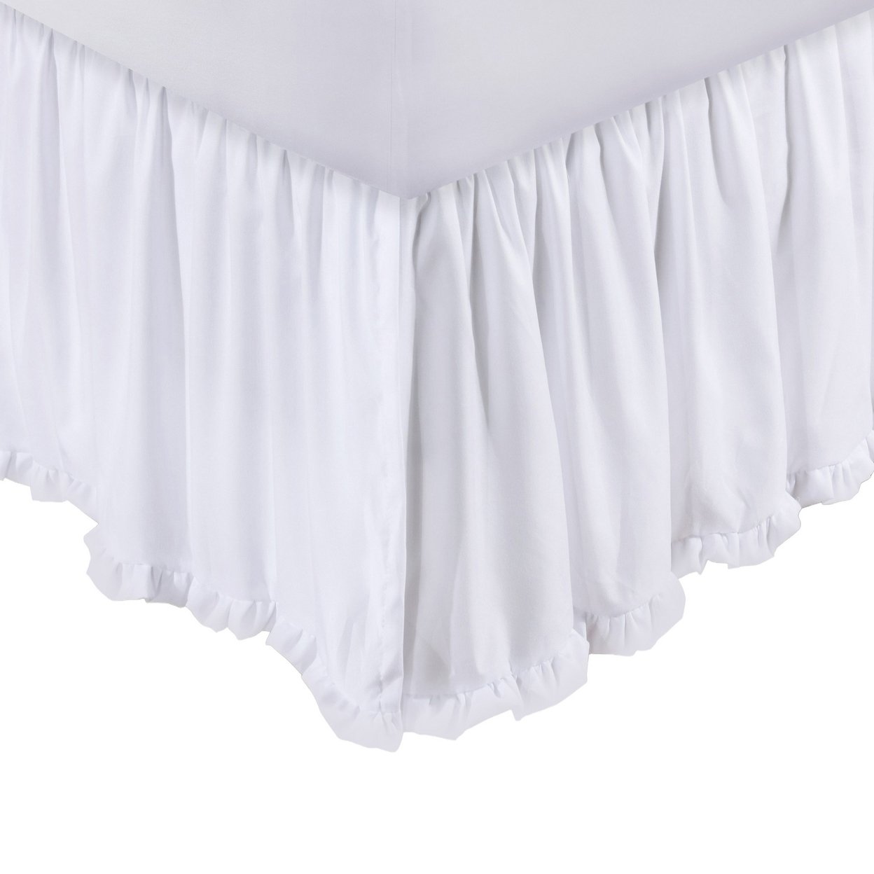 Mora King Bed Skirt, Polyester Platform, Split Corners, Ruffle Edge, White -Saltoro Sherpi