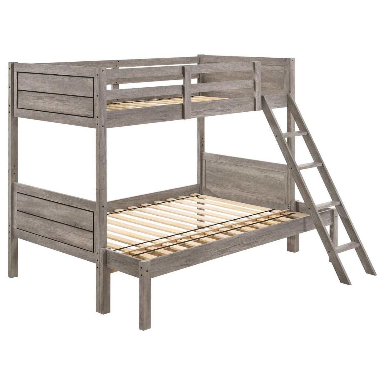 Twin Over Full Bunk Bed Set, Slatted Guard Rails, Weathered Taupe Wood-Saltoro Sherpi