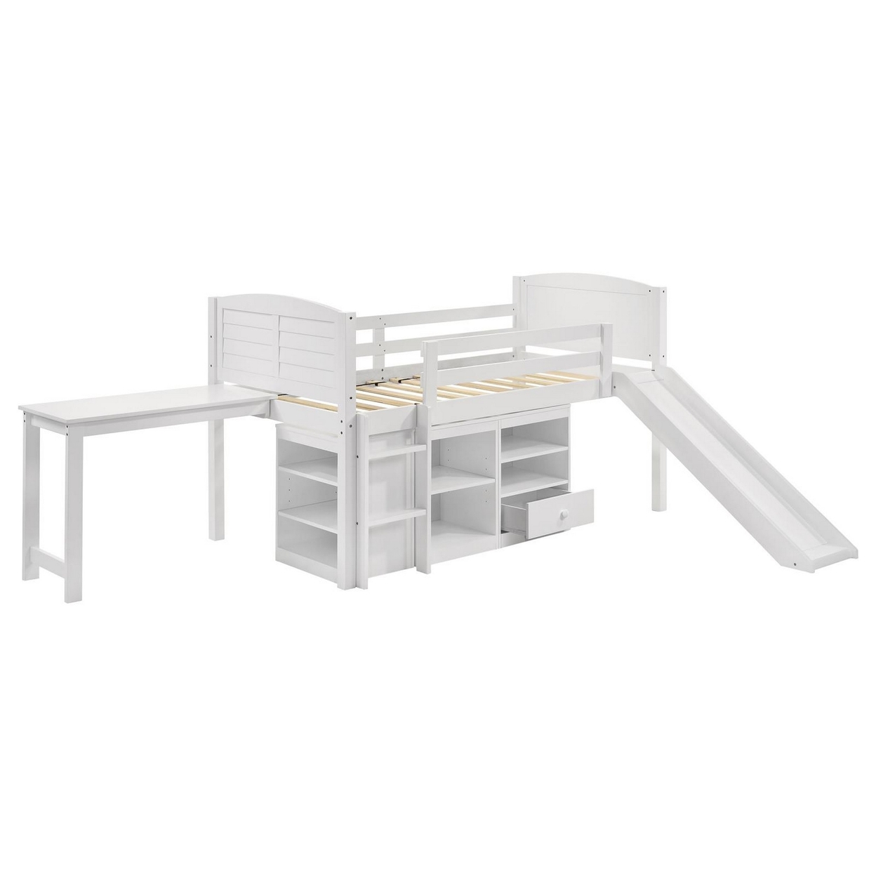 Twin Workstation Loft Bed With Open Shelves And Desk, White Wood-Saltoro Sherpi