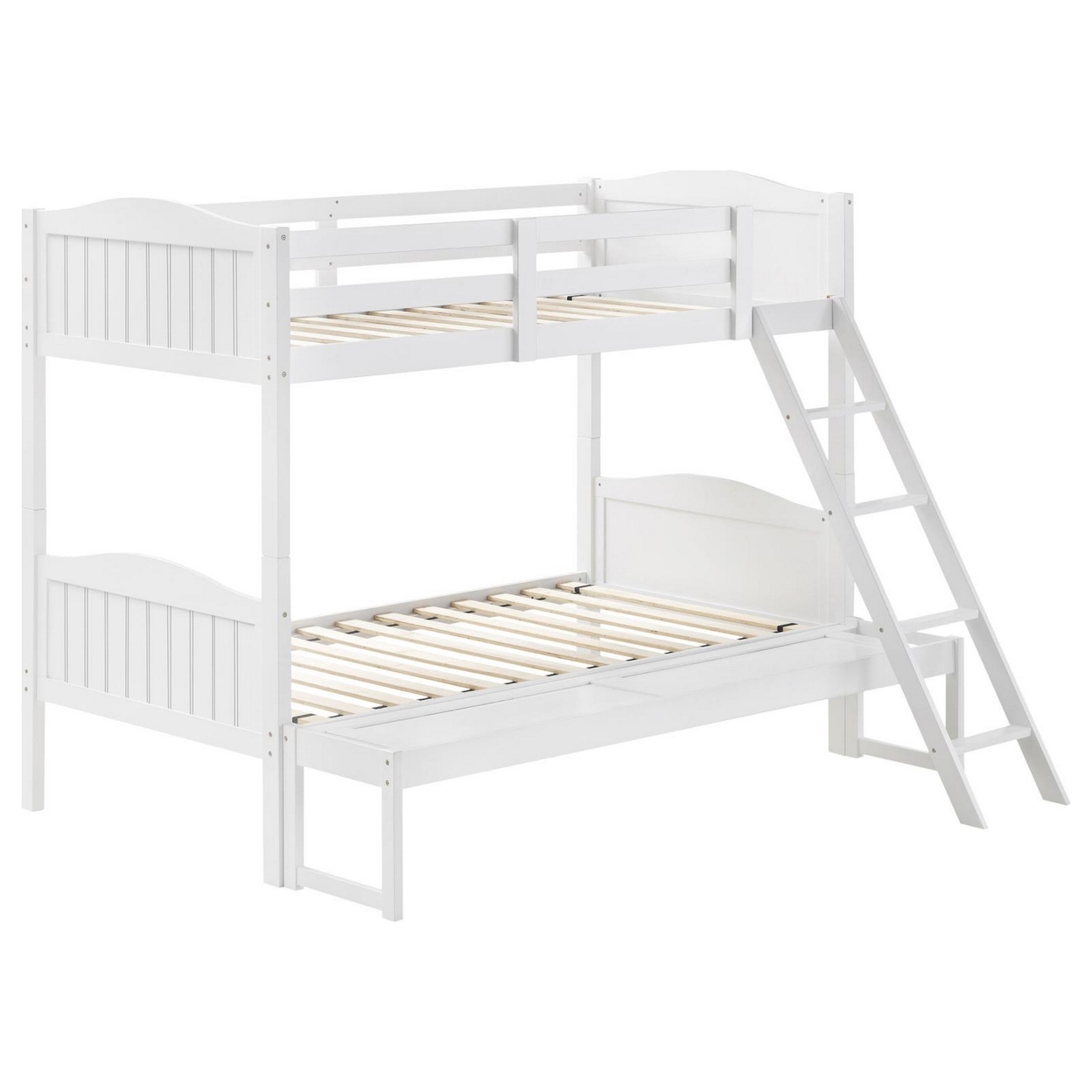 Laro Twin Over Full Bunk Bed, Attached Ladder, Guard Rails, White Wood-Saltoro Sherpi